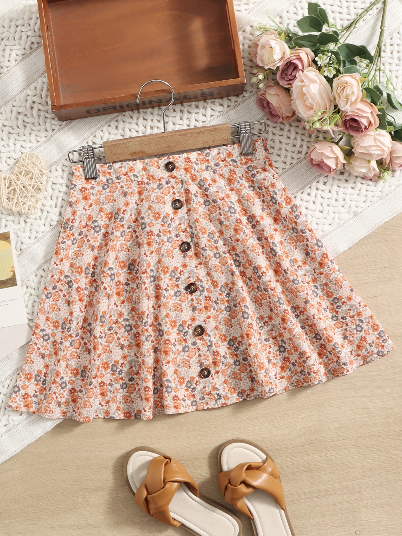 Tween Girl Ditsy Floral Print Button Front Skirt