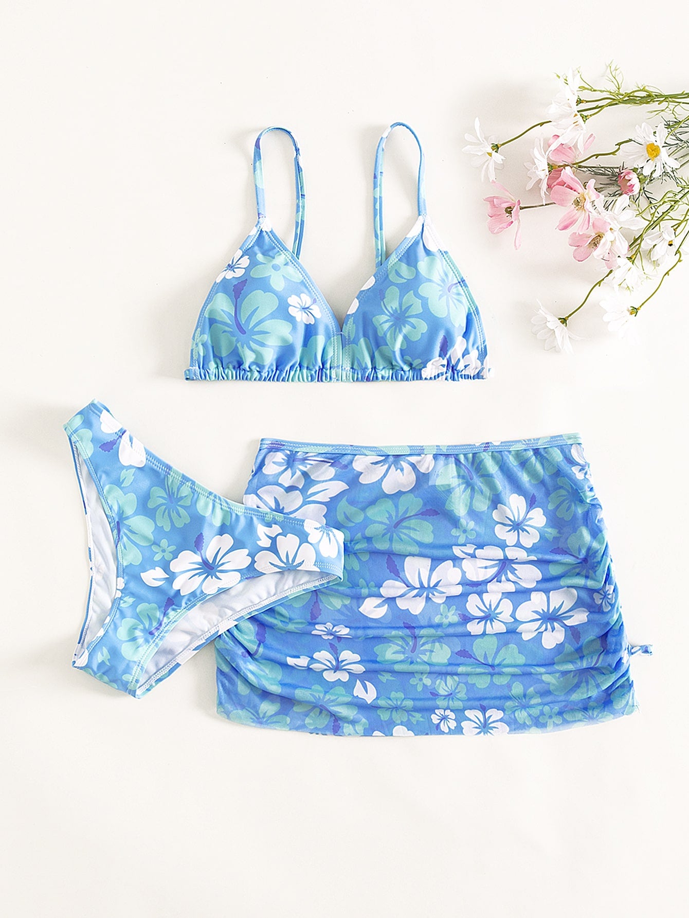 Tween Girl Floral Print Bikini Set & Ruched Beach Skirt Summer Beach