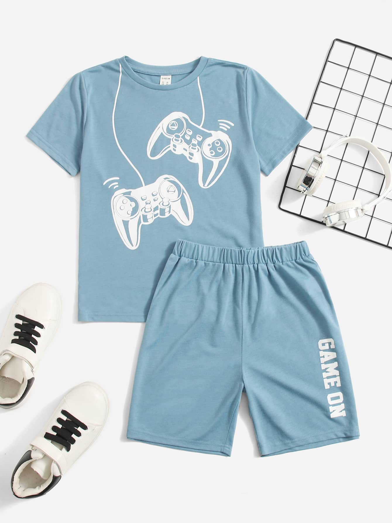 Tween Boy Gamepad Print Tee & Letter Graphic Shorts