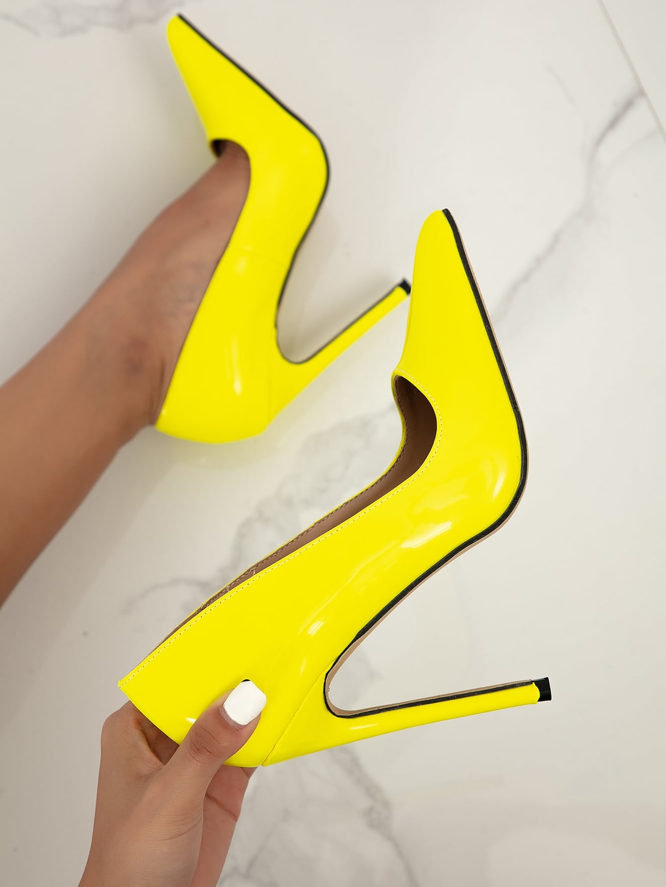 Point Toe Stiletto Heeled Court Pumps, Yellow Sexy Solid Color High Heels