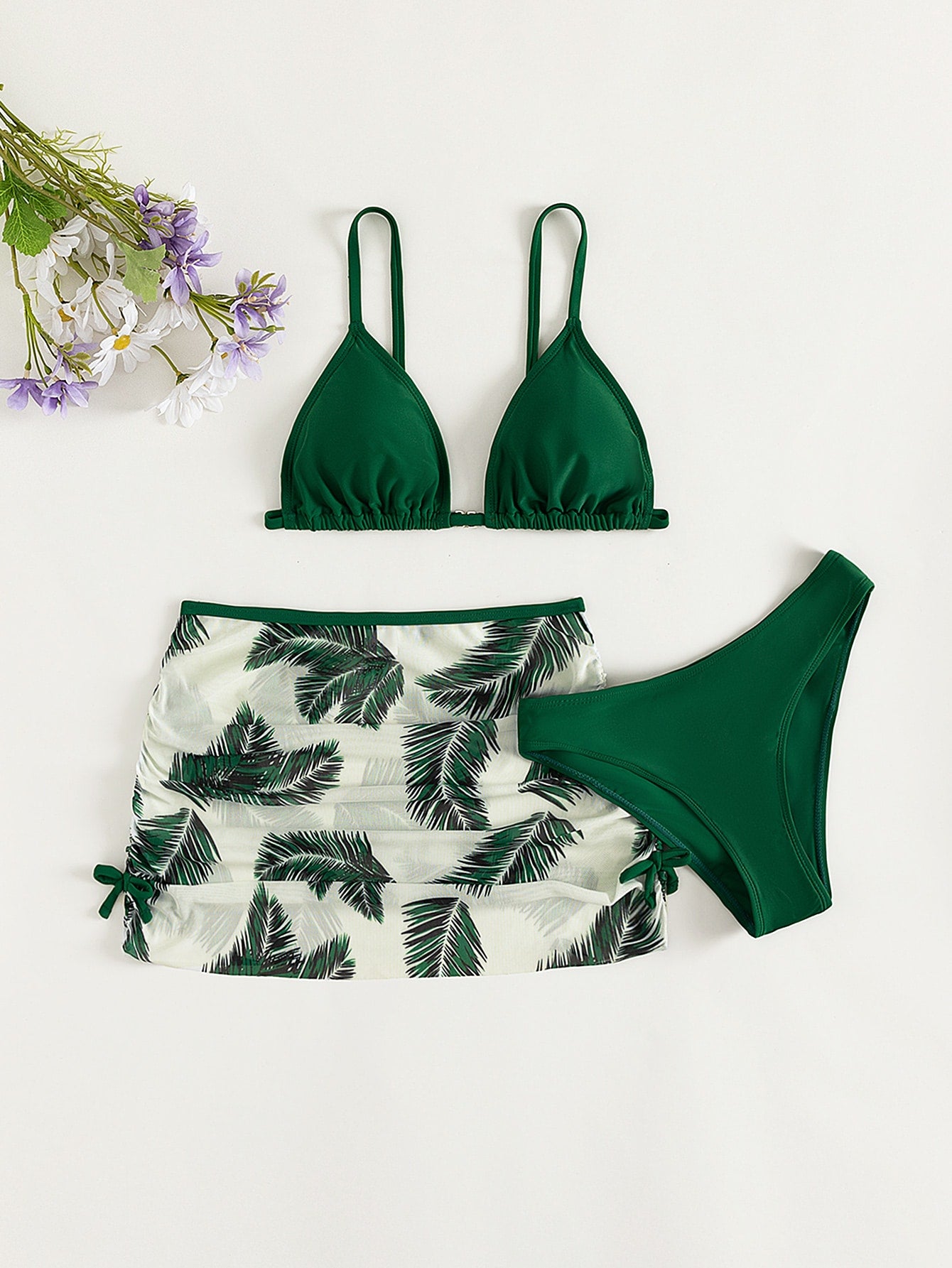 Teen Girl 3-Piece Set Spaghetti Straps Triangle Palm Leaf Print Bikini Set Summer Beach