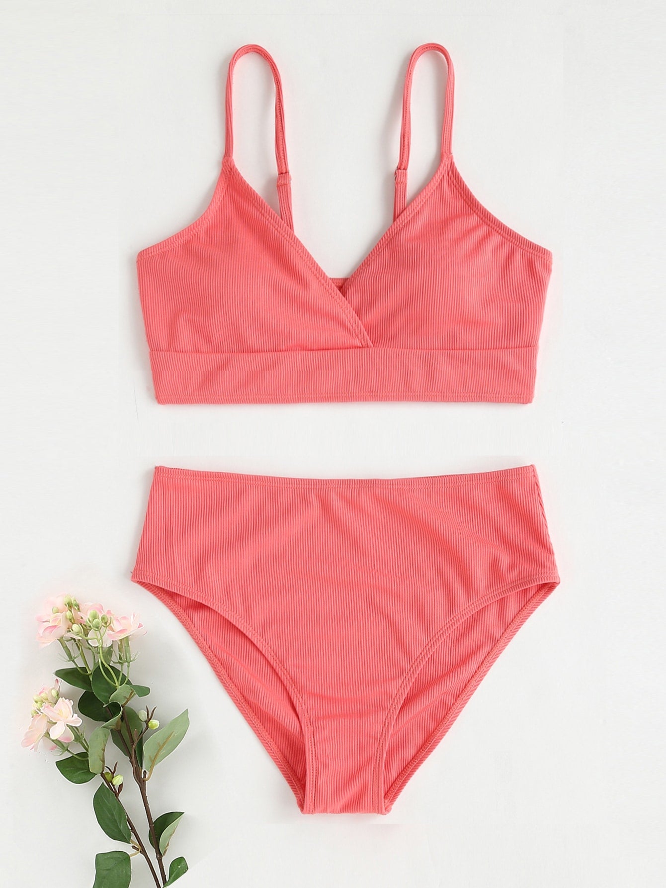 Solid Color Ribbed Bikini Set For Teen Girl Summer Beach