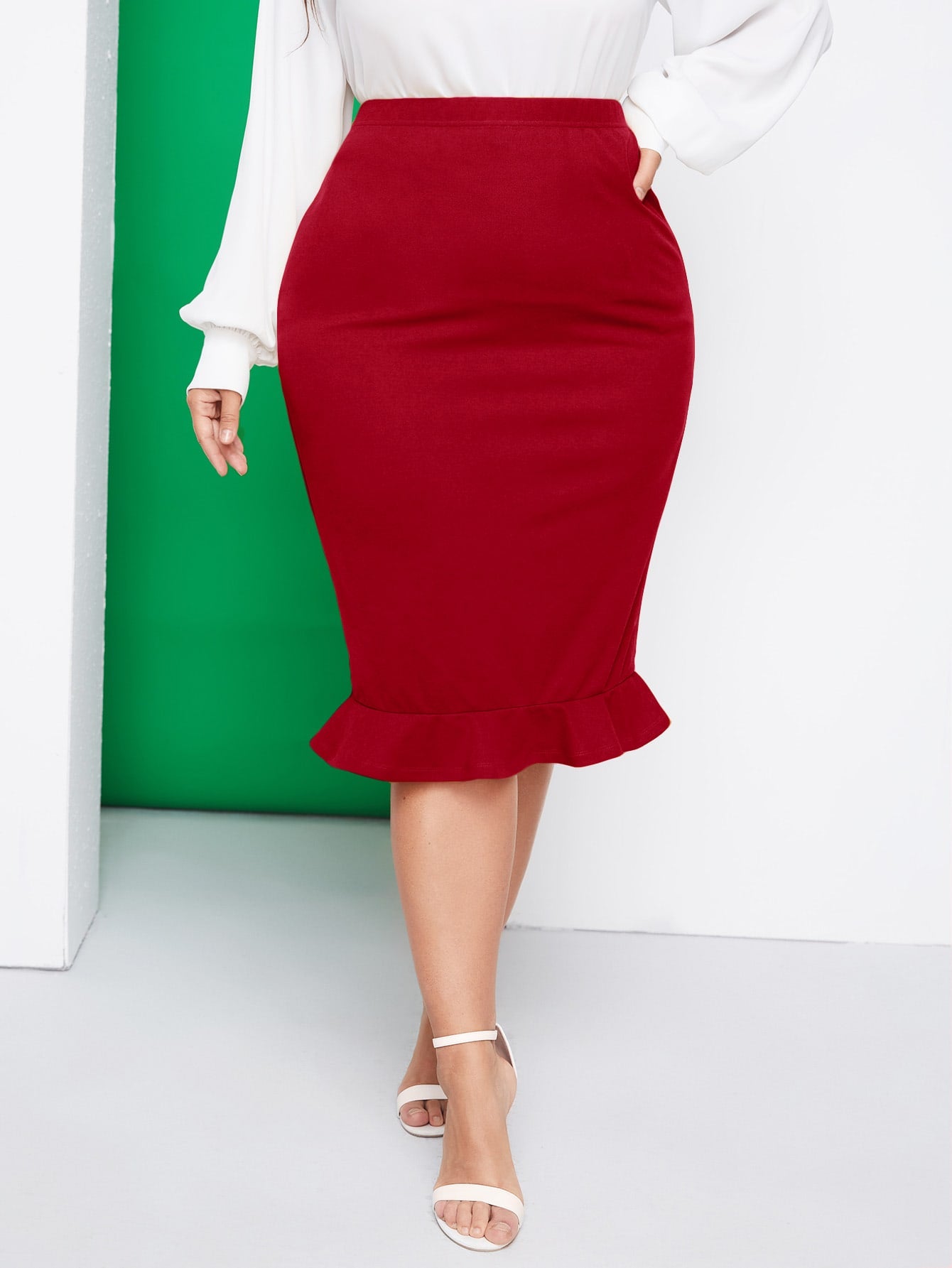 Plus Ruffle Hem Pencil Skirt