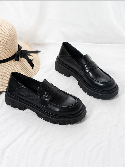 Women Black Slip-On Flatform Penny Loafers, Cool Round Toe Minimalist  Wedge Shoes