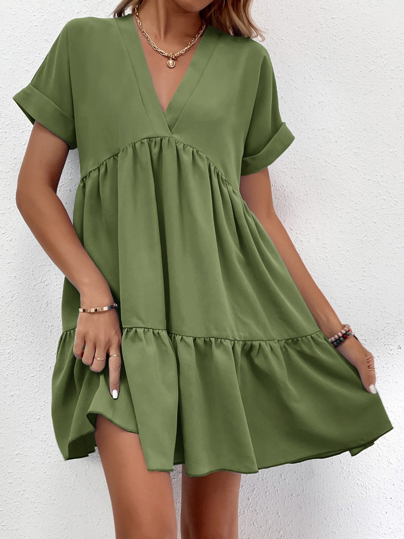 Solid Color Batwing Sleeve Layered Vacation Casual Dress