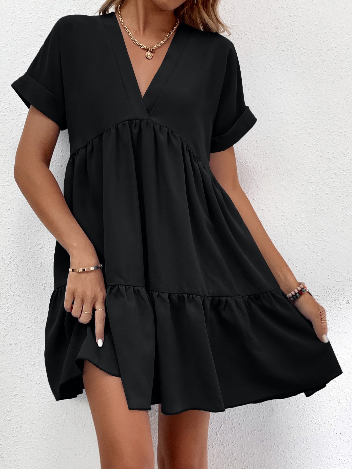 Solid Color Batwing Sleeve Layered Vacation Casual Dress