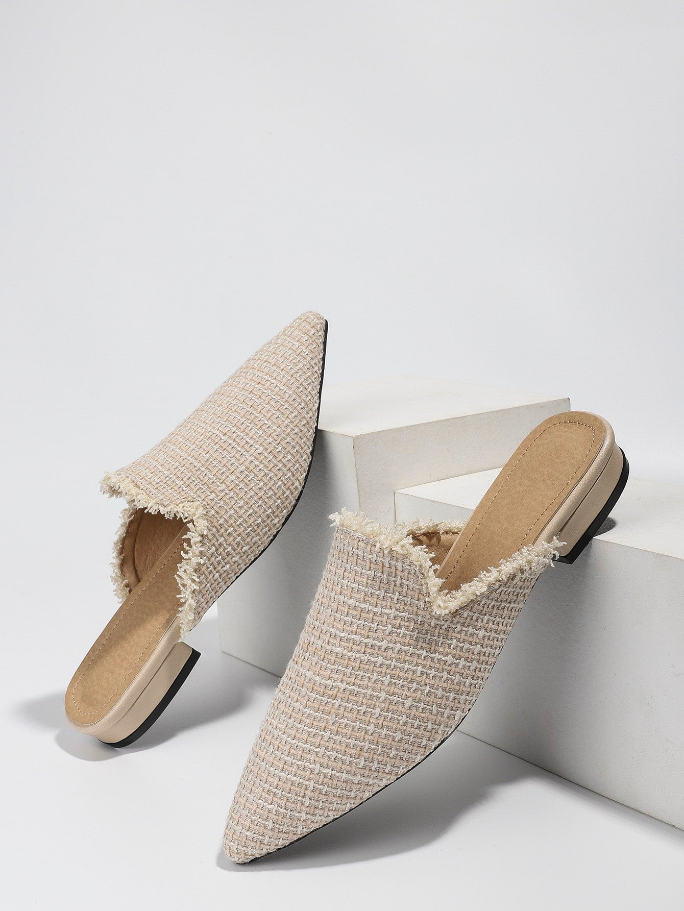 Raw Trim Point Toe Flat Mules