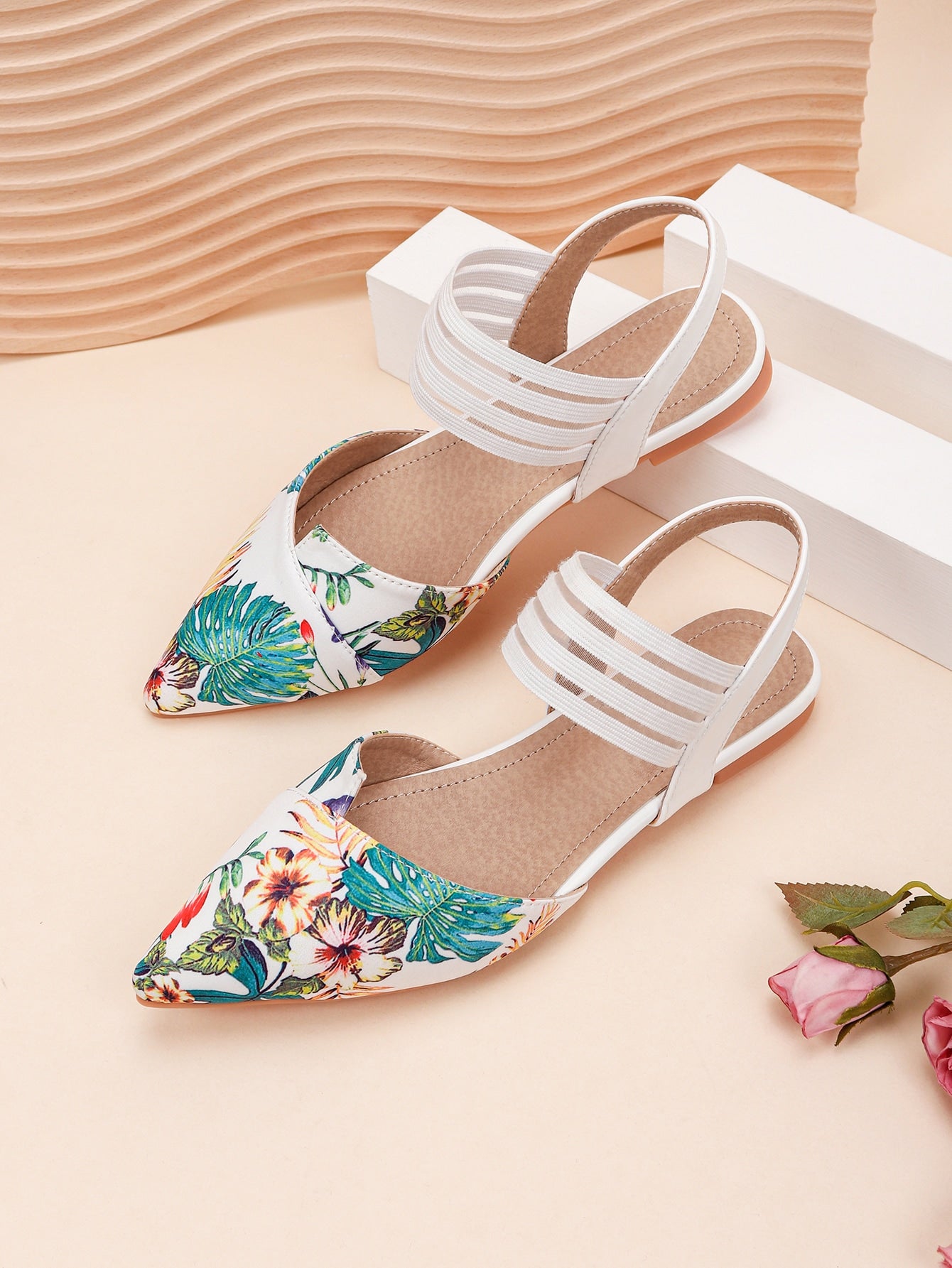 Tropical Print Point Toe Ankle Strap Flats