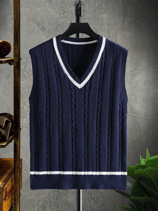 Men Cable Knit Contrast Panel Sweater Vest