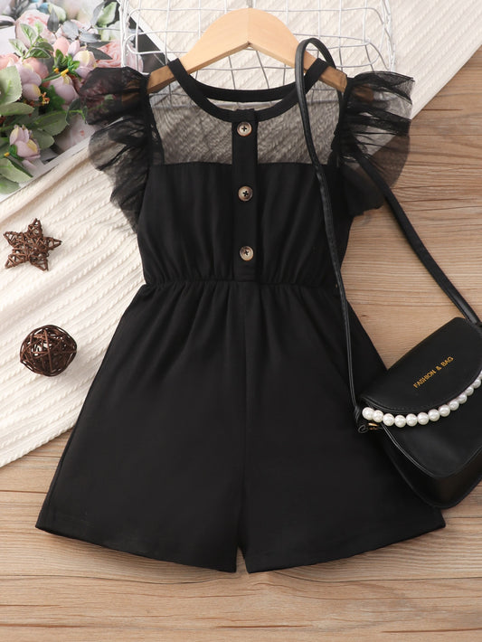 Young Girl Contrast Mesh Butterfly Sleeve Romper