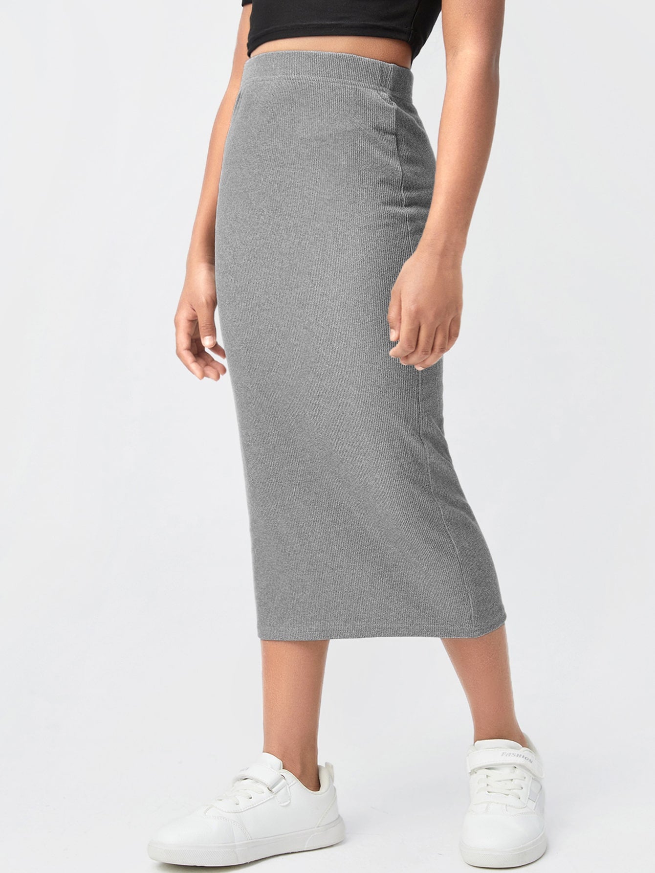 Tween Girl Elegant Solid Ribbed Knit Skirt