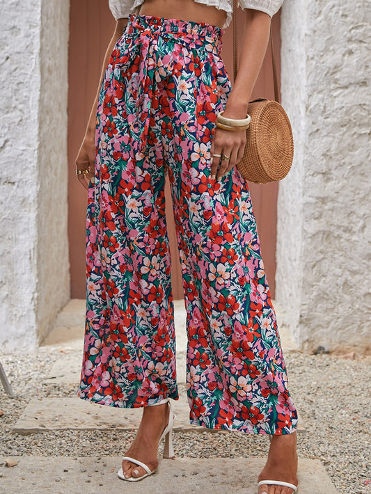 Frenchy Floral Print Belted Wide Leg Pants