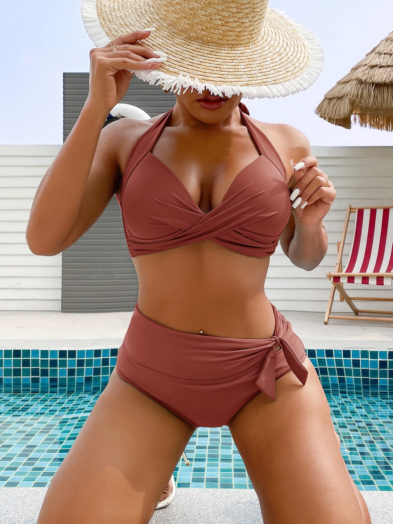 Swim Summer Beach Mono Bikini Set Twist Knot Halter Push Up Top & Knot Side High Waist Bottom 2 Piece Swimwear