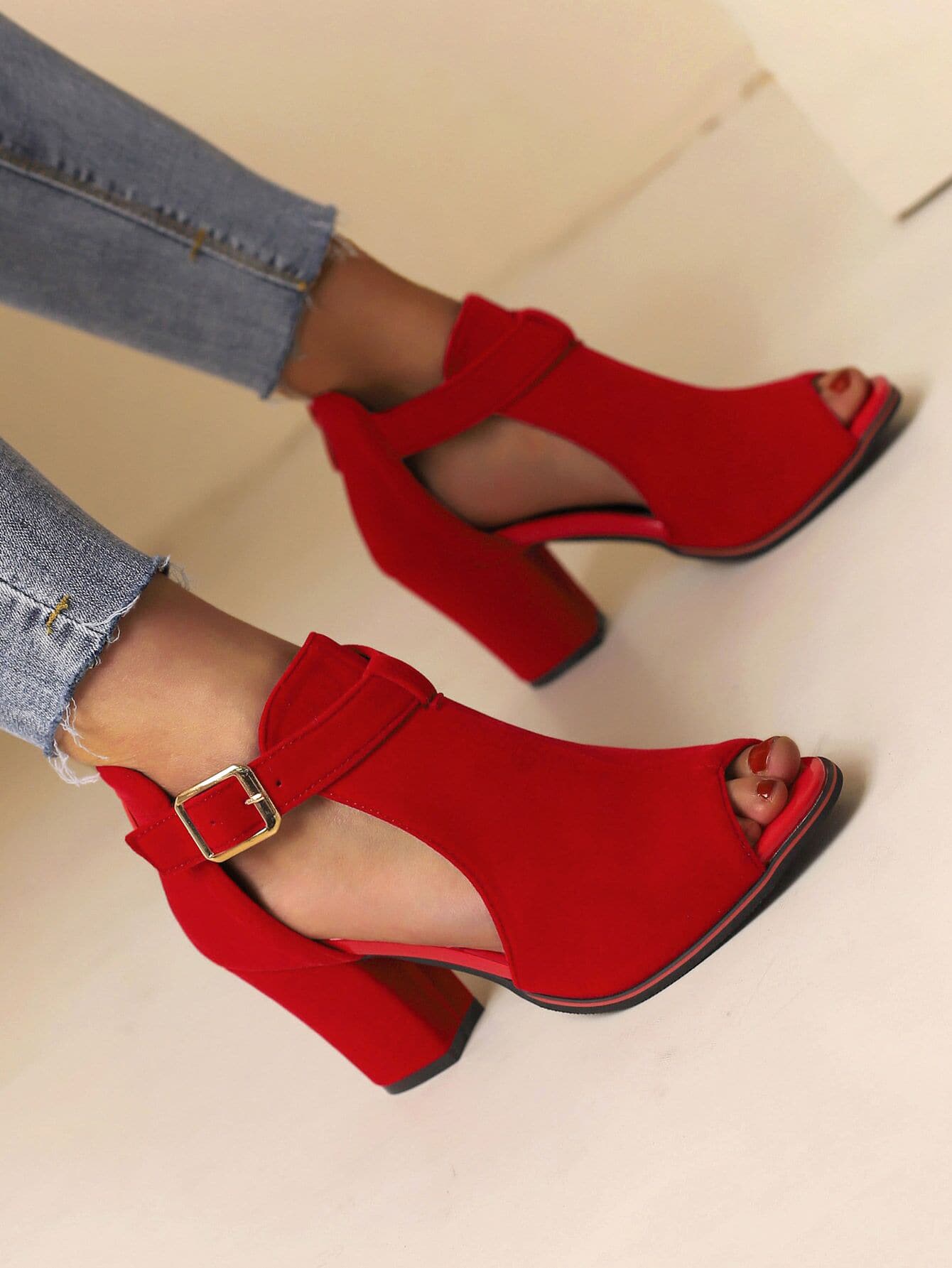 High-Heeled Sandals, Burgundy Red Suede Strap Buckled Women's Shoes