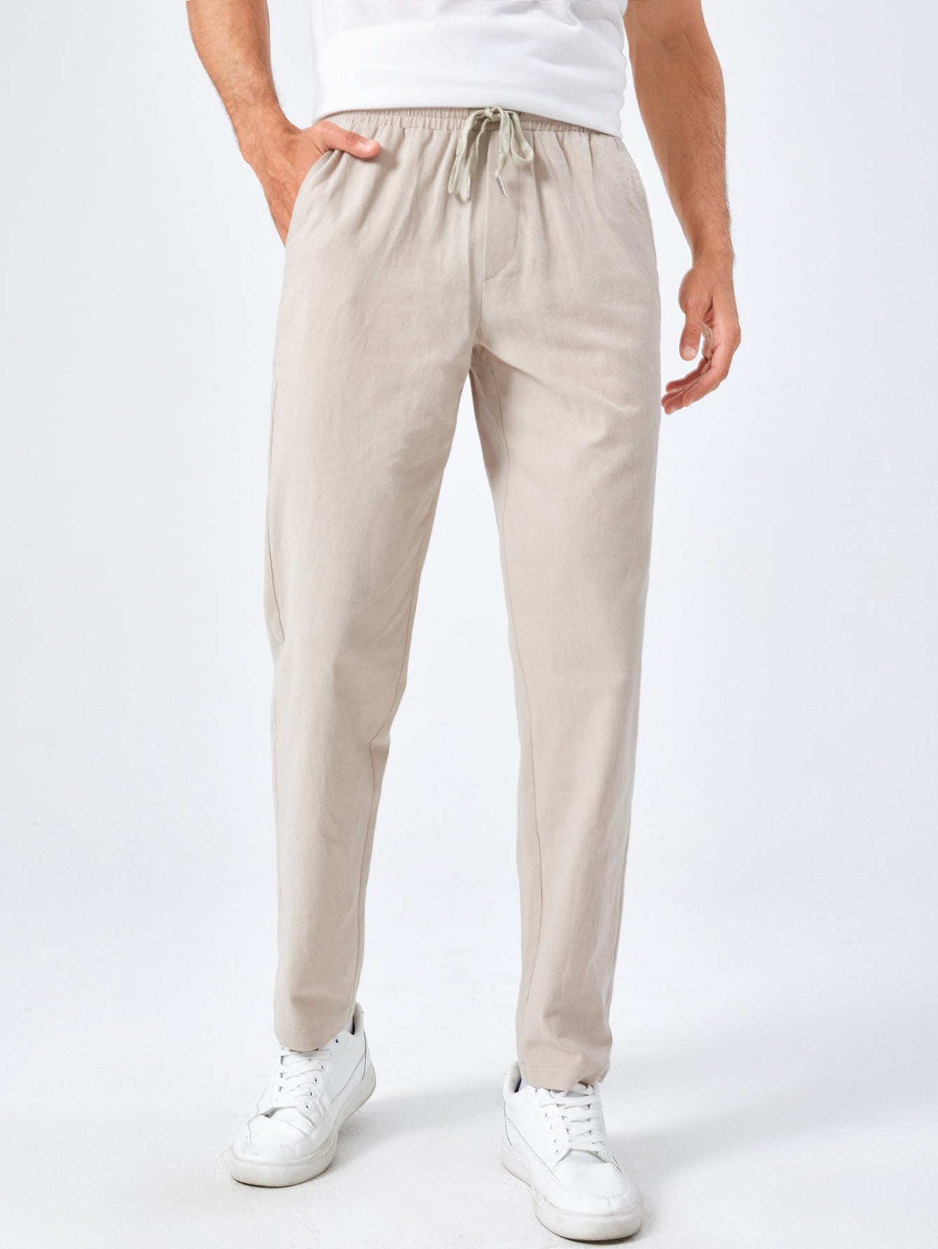 Men Cotton Drawstring Waist Pocket Patched Pants Tapered Long Slacks Linen Daddy Plain Going Out Husband