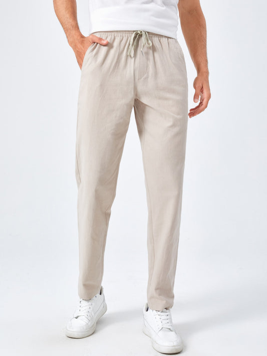 Men Cotton Drawstring Waist Pocket Patched Pants Tapered Long Slacks Linen Daddy Plain Going Out Husband