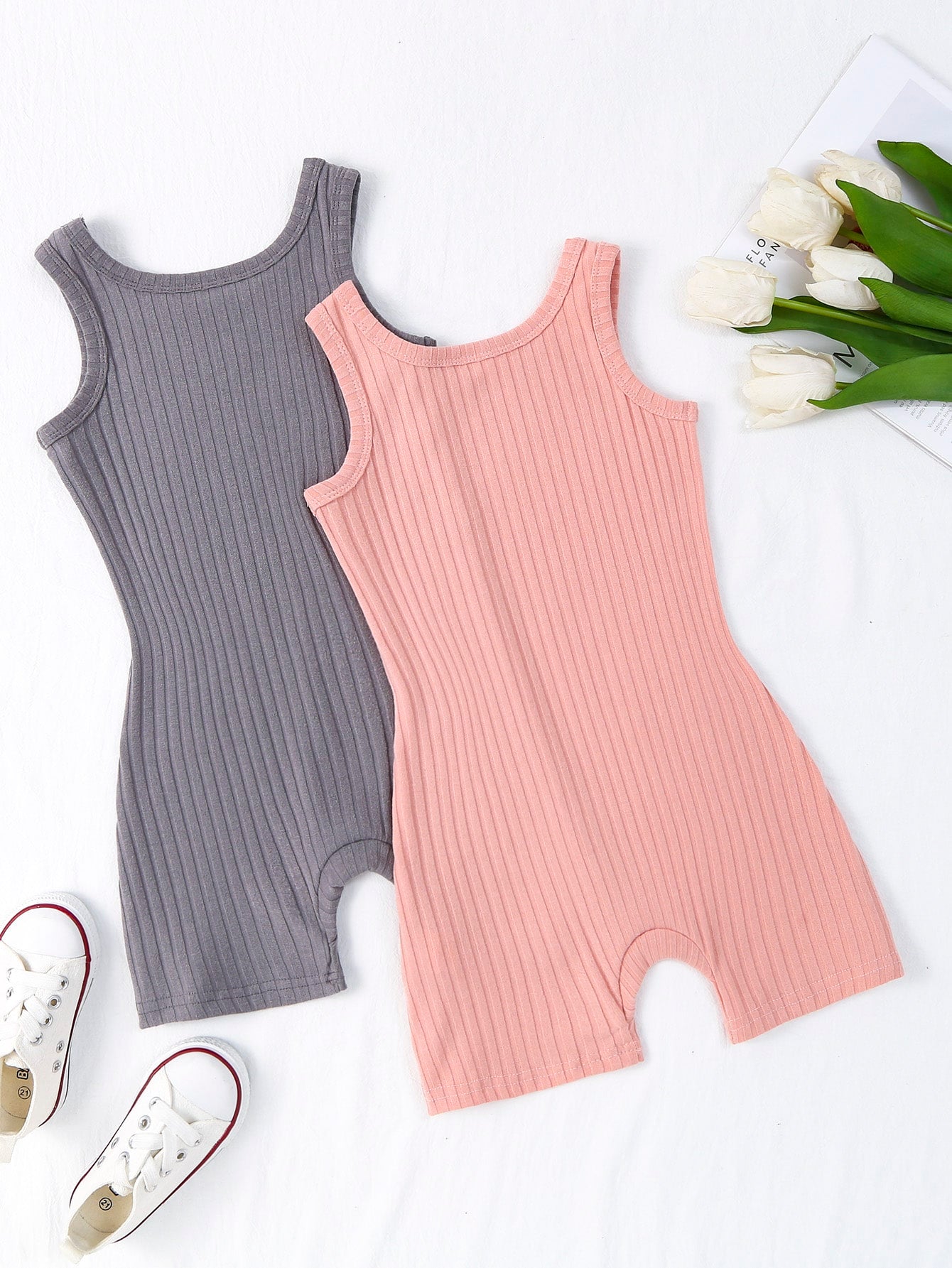 Young Girl 2pcs Ribbed Unitard Romper