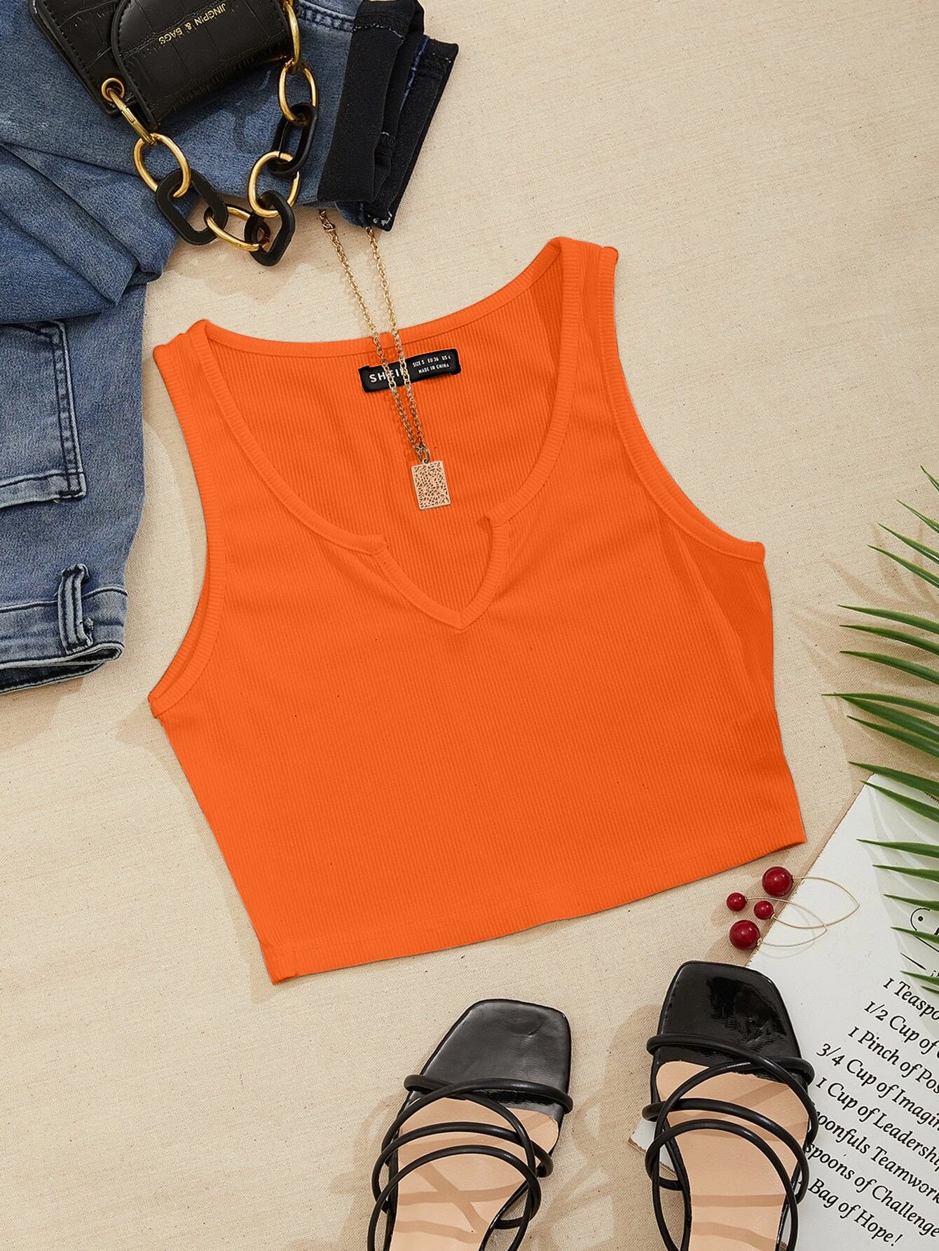 Notched Neck Ribbed Knit Tank Top