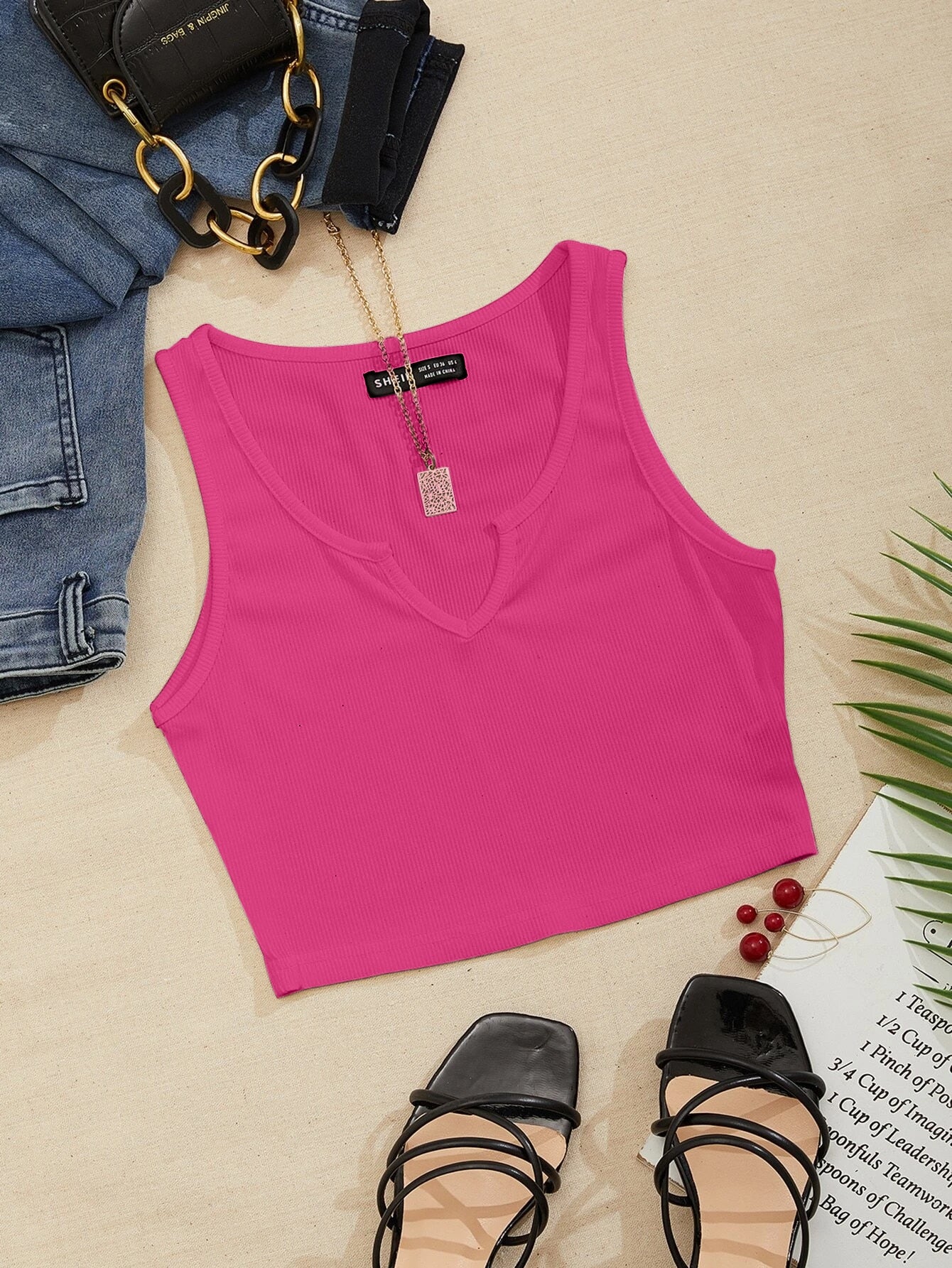 Notched Neck Ribbed Knit Tank Top