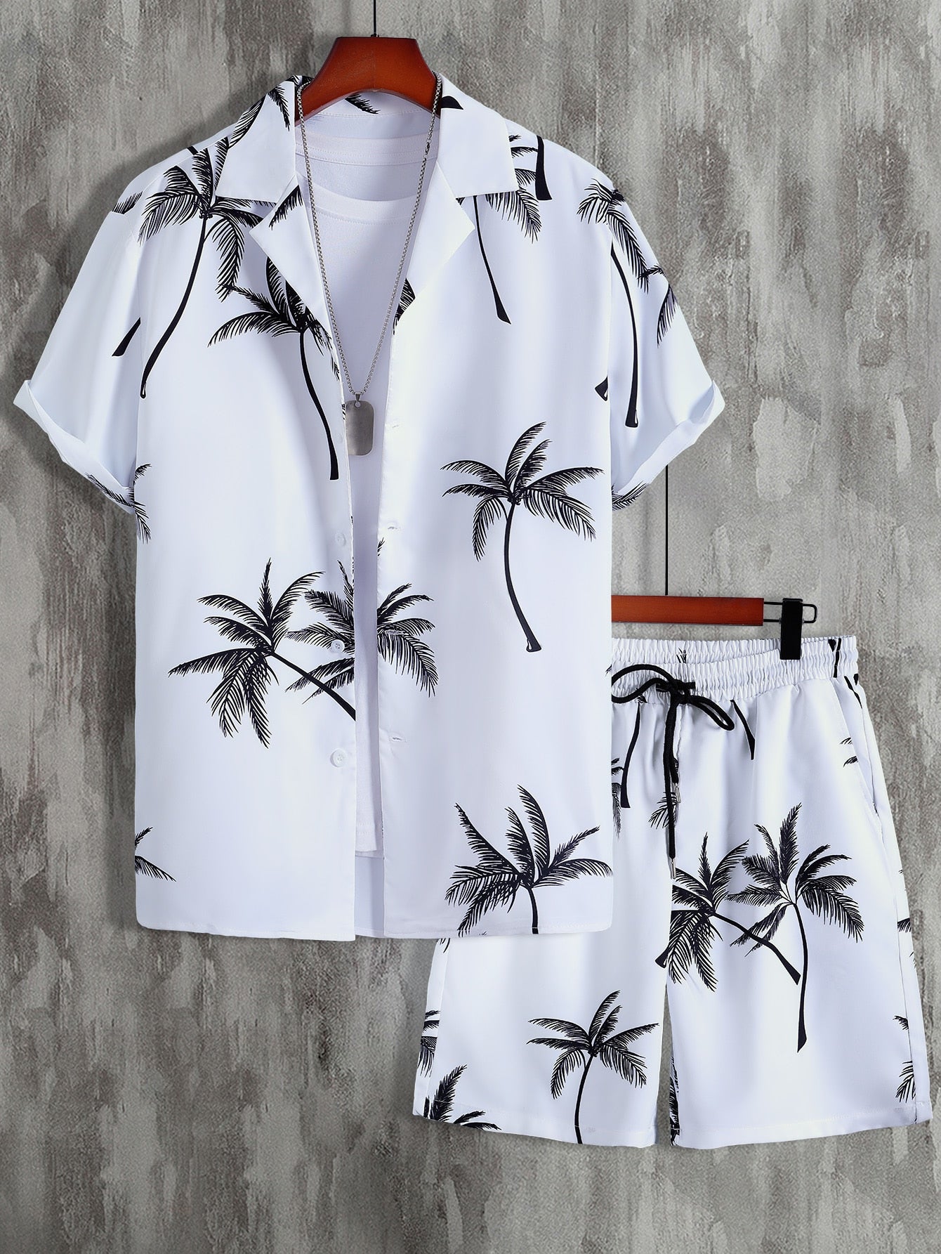 Men Random Palm Tree Print Shirt & Drawstring Waist Shorts Without Tee