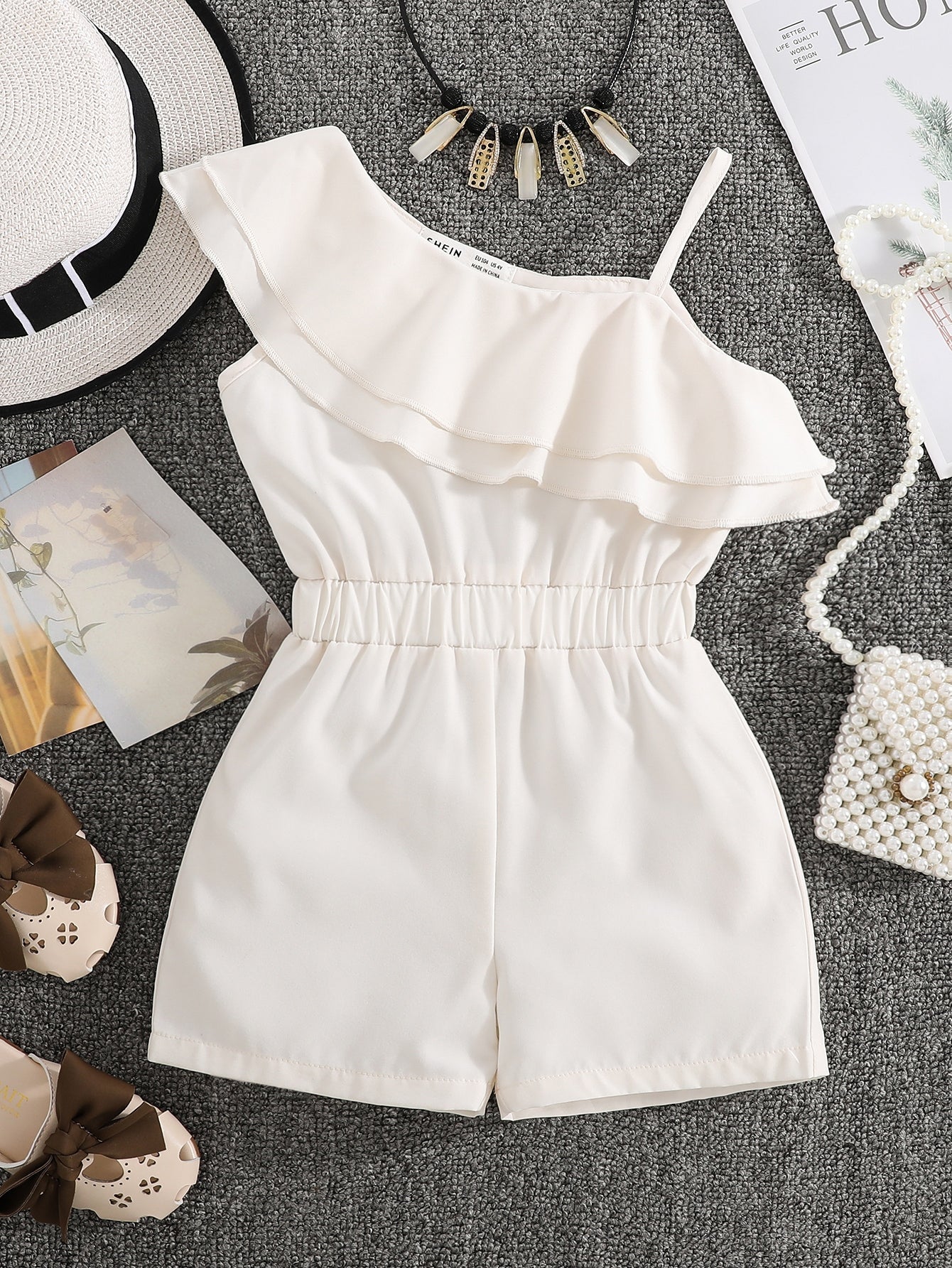 Young Girl Ruffle Trim Asymmetrical Neck Romper