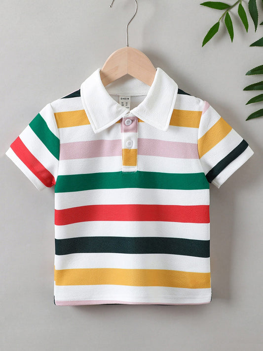 Young Boy Colorful Striped Short Sleeve Polo Shirt, Casual & Active Outdoor/Back To School Cloth