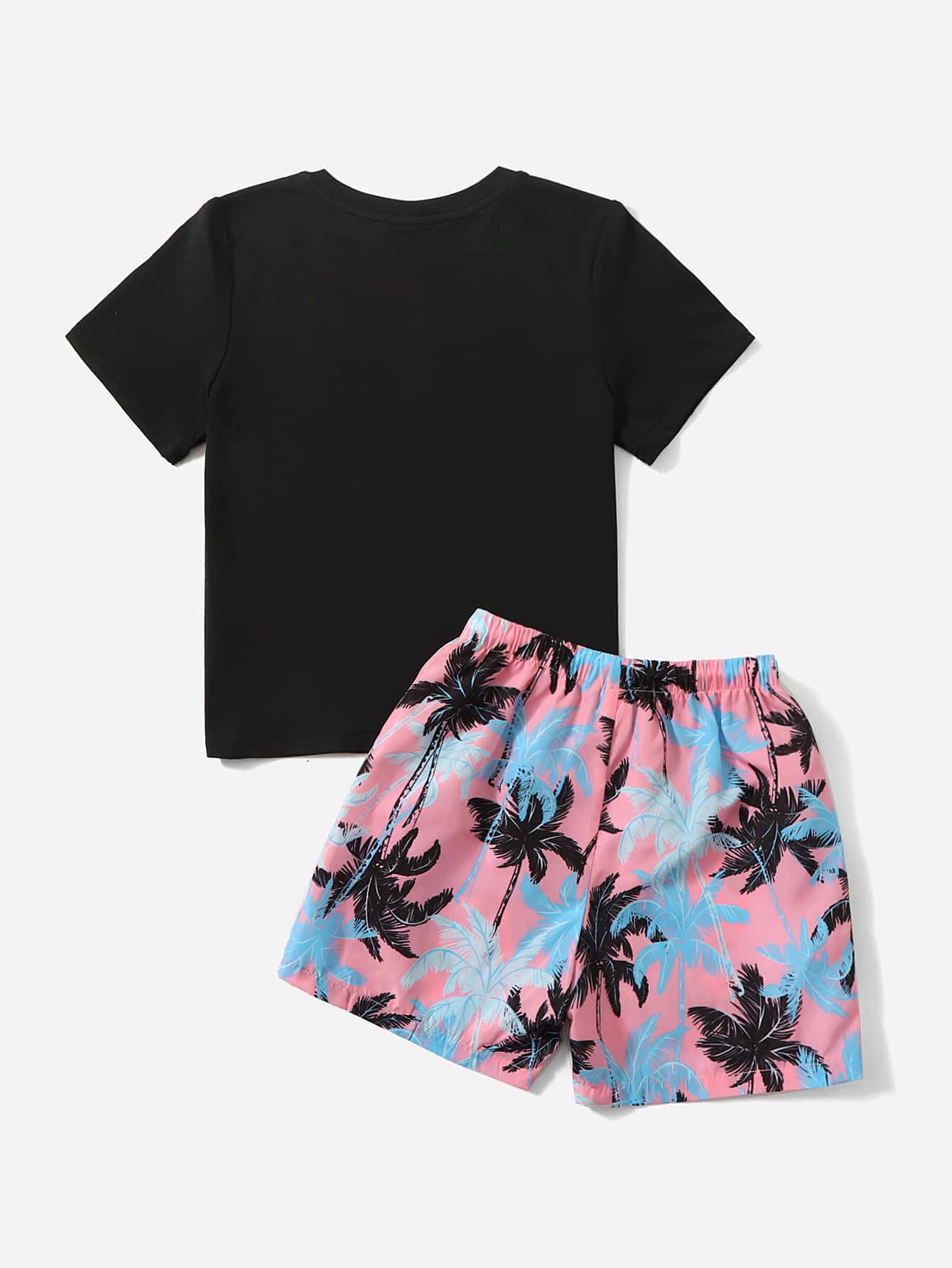 Young Boy Coconut Tree Print Tee & Drawstring Waist Shorts