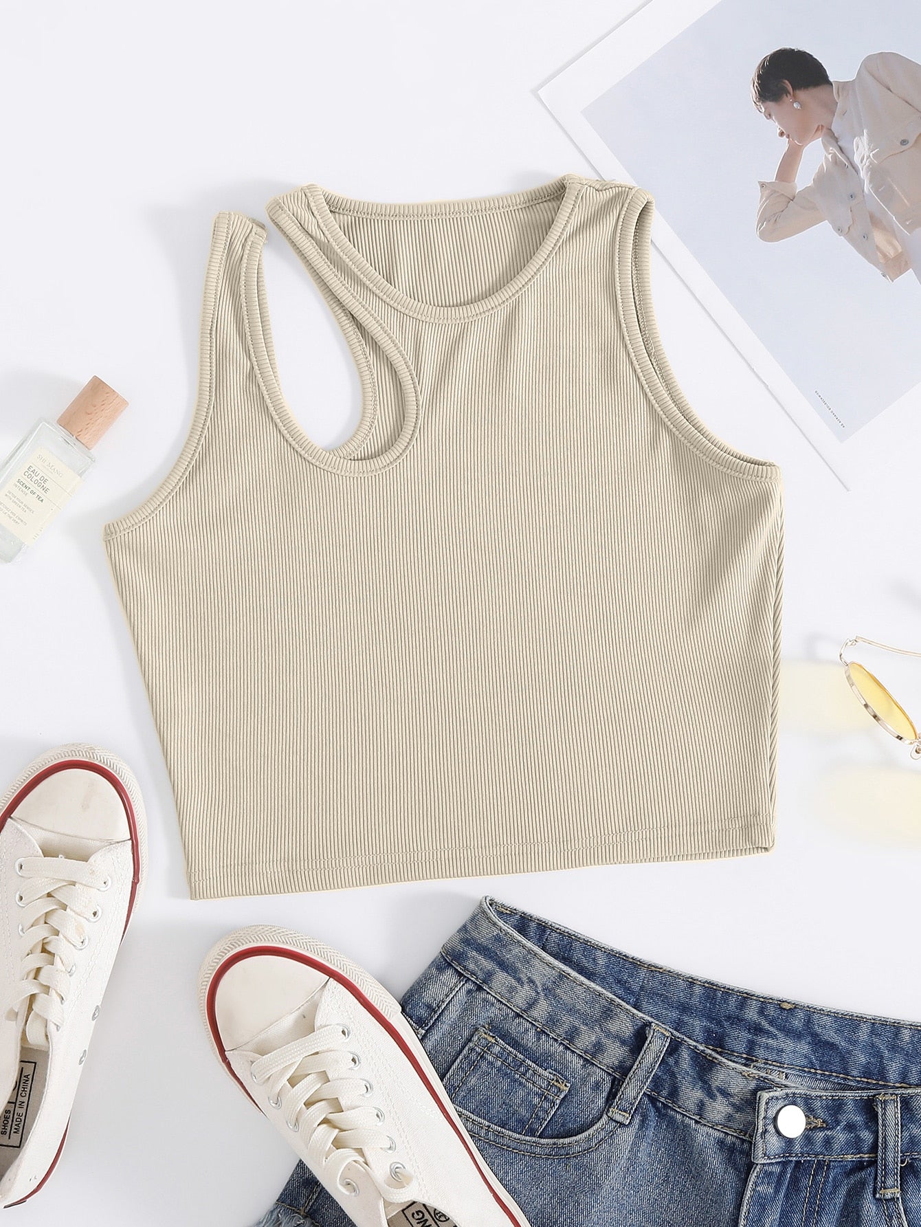 Solid Cut Out Shoulder Ribbed Knit Tank Top For Summer