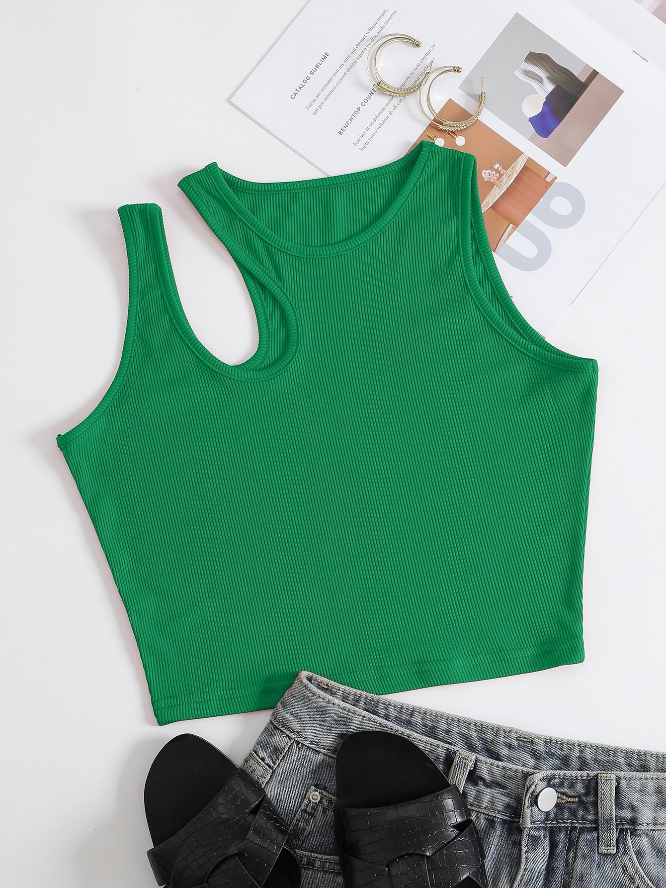 Solid Cut Out Shoulder Ribbed Knit Tank Top For Summer