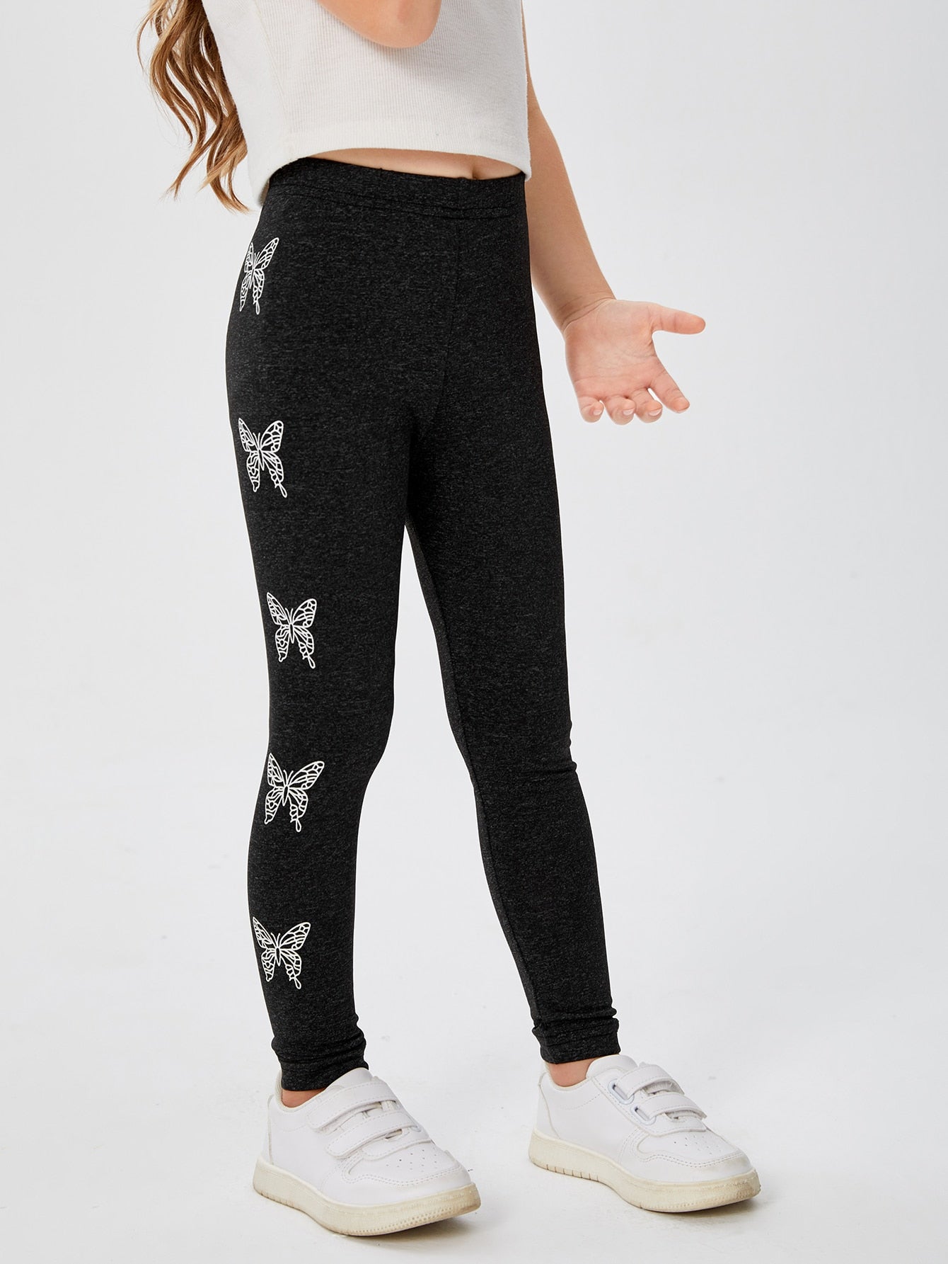 Young Girl Comfortable And Stylish Knitted Bottoms With Butterfly Print Side Stripe