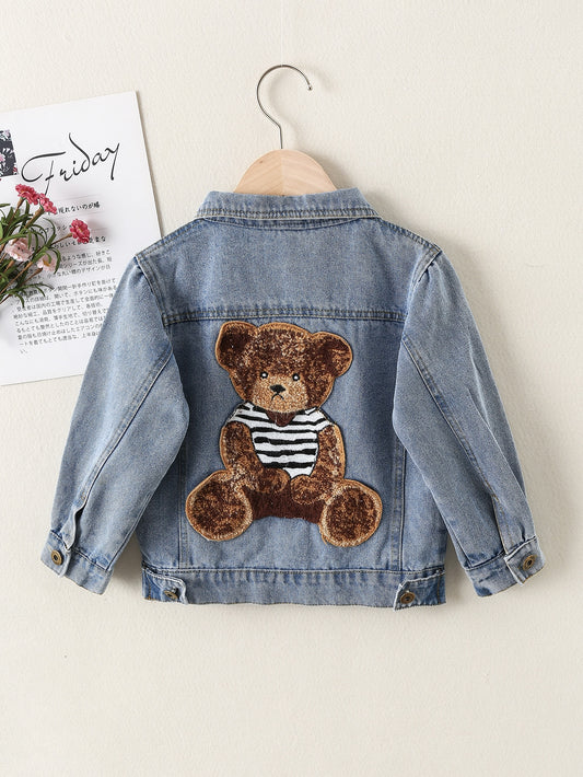 Boys' Cute Embroidered Bear Design Plain Color Denim Jacket