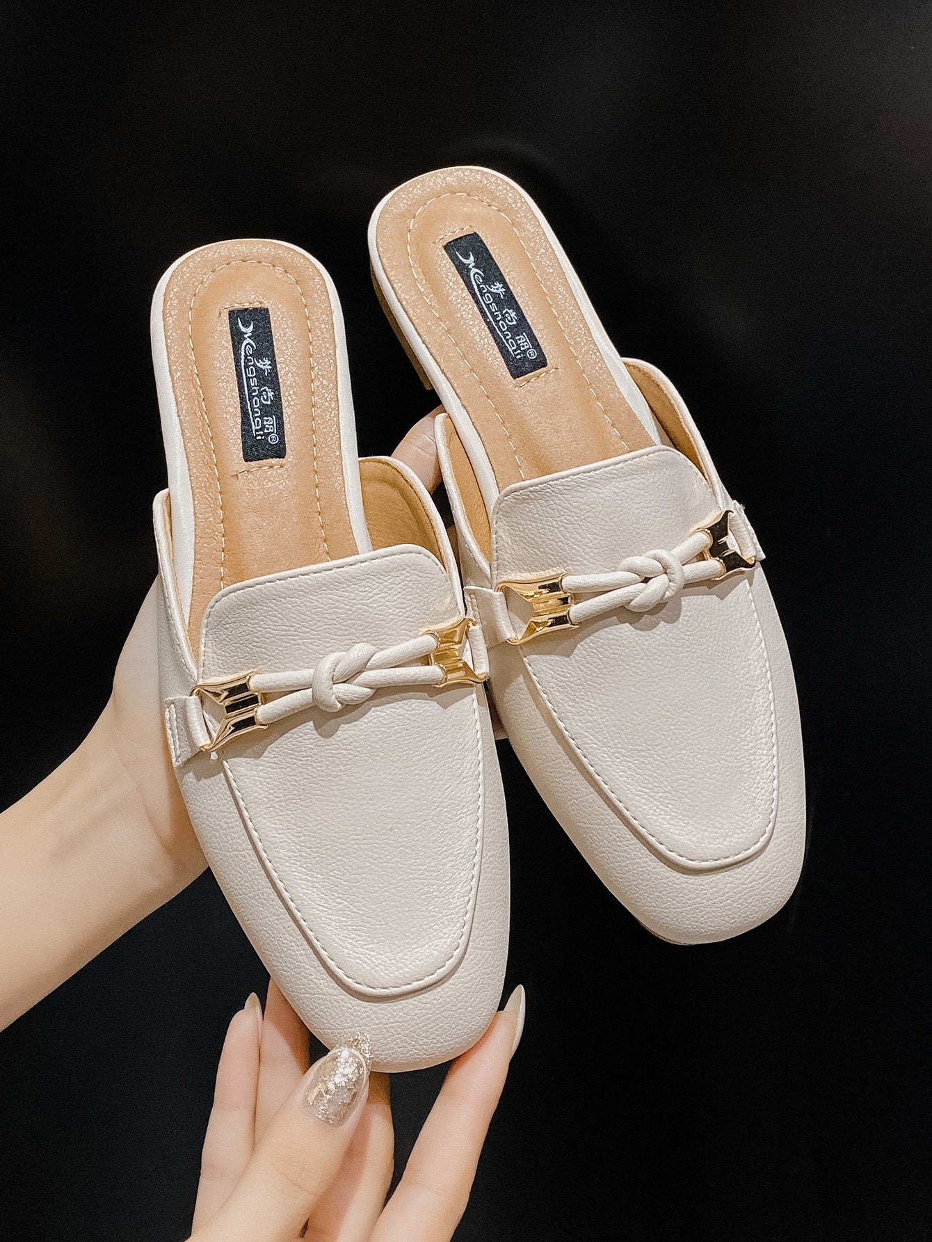 Knot Detail Square Toe Flat Mules, Apricot Elegant Knot Design Solid Color Mule Heels