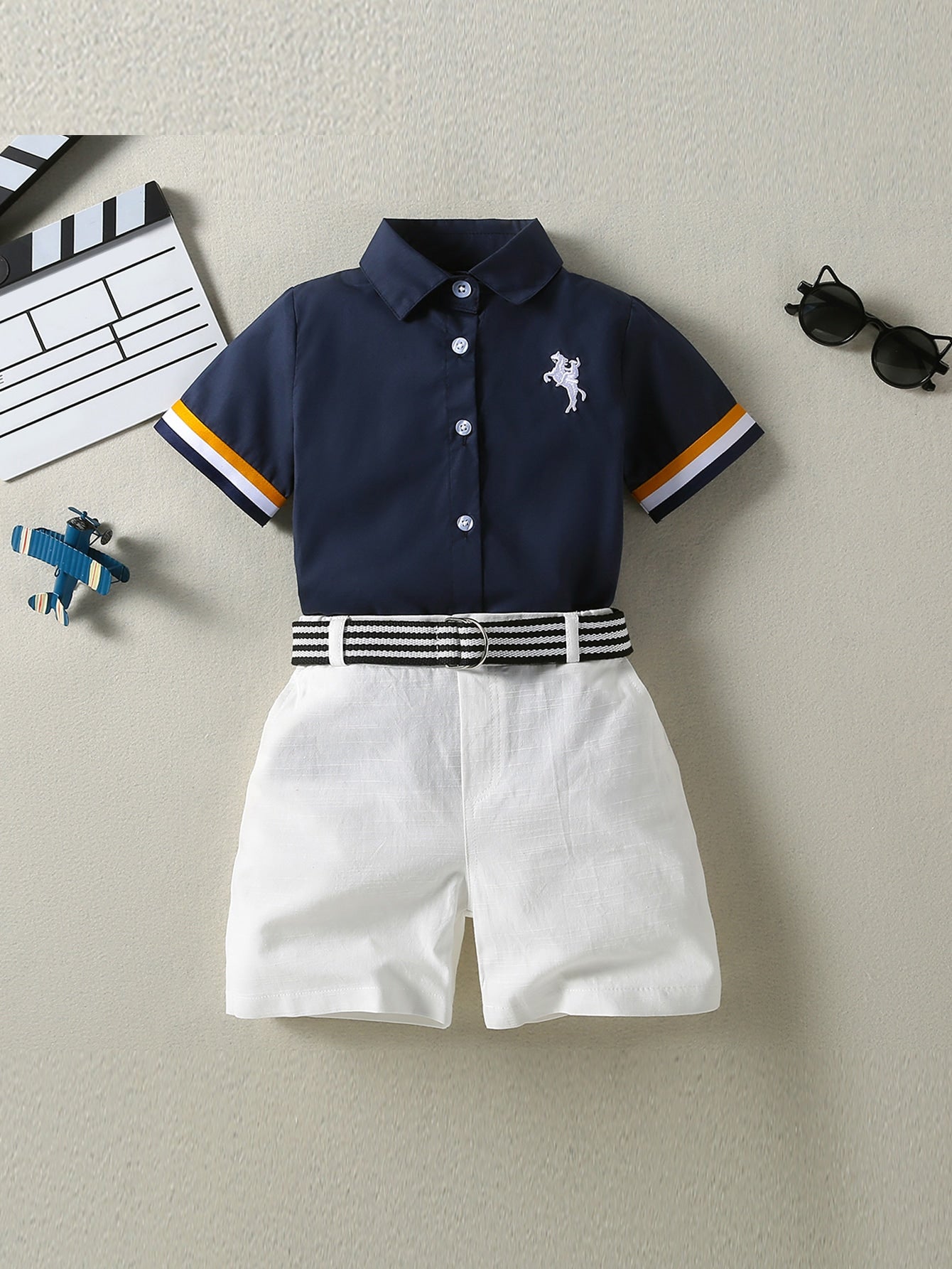 Young Boy Striped Cuff Embroidery Shirt With Belted Shorts