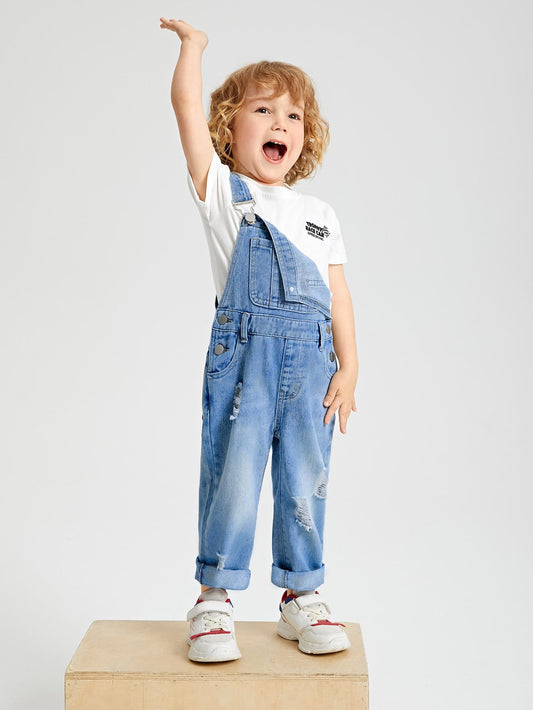 Young Boy Casual Daily Western Street Ripped Adjustable Strap Relax Denim Overalls