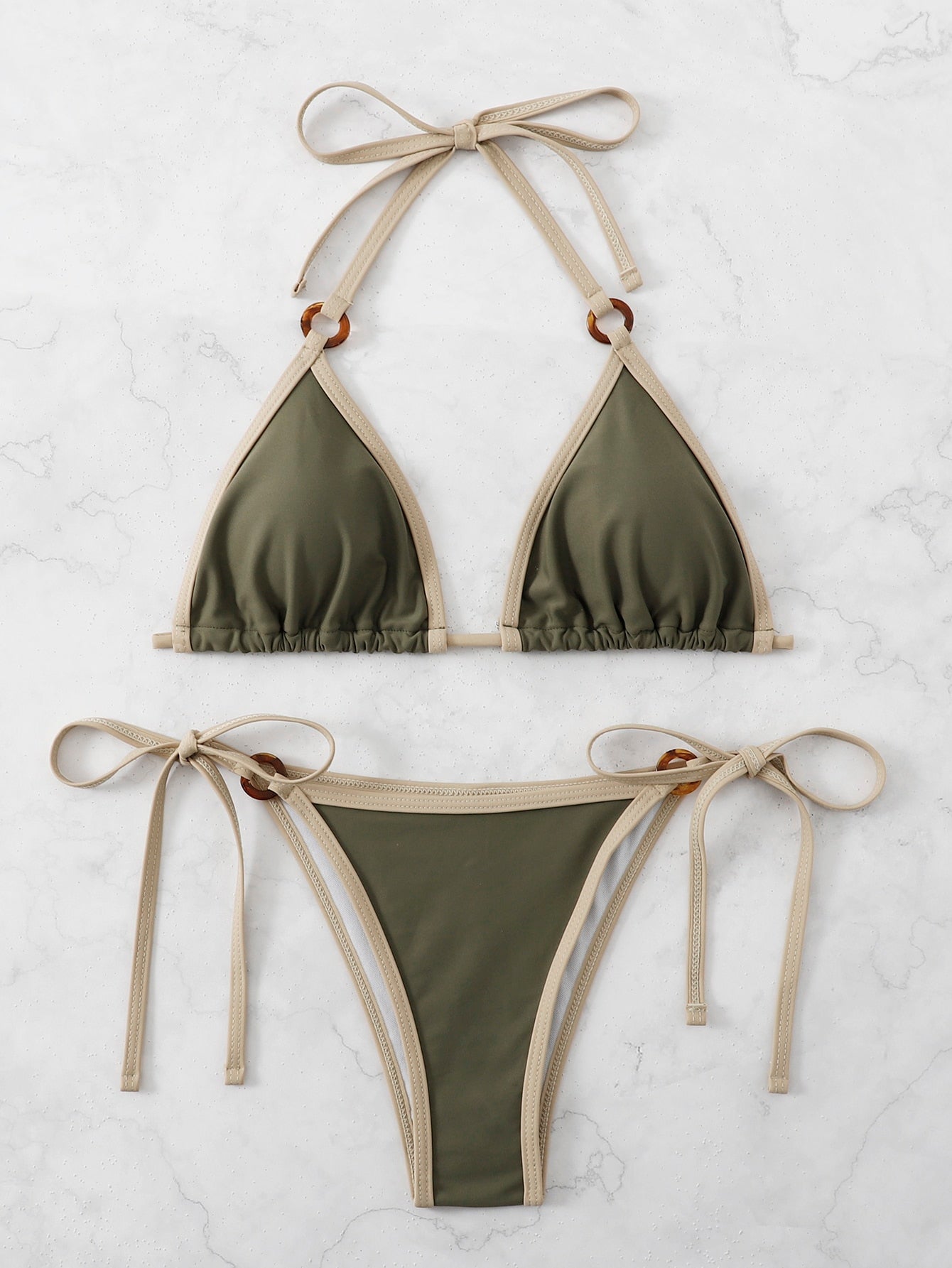 Swim Summer Beach Ladies' Solid Color Bikini Set With Trim Details - Halter Triangle Bralette And Side Tie Bottom Swimsuit