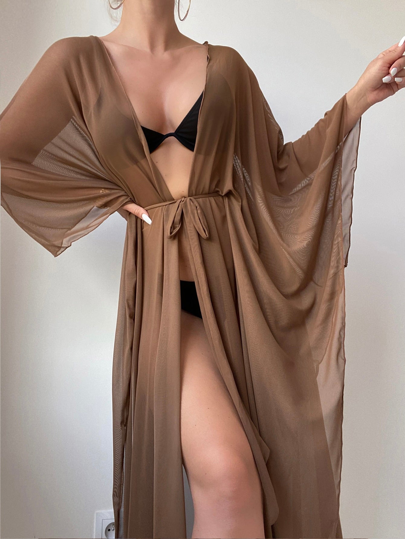 Swim Summer Beach Lettuce Trim Belted Kimono Without Bikini Set