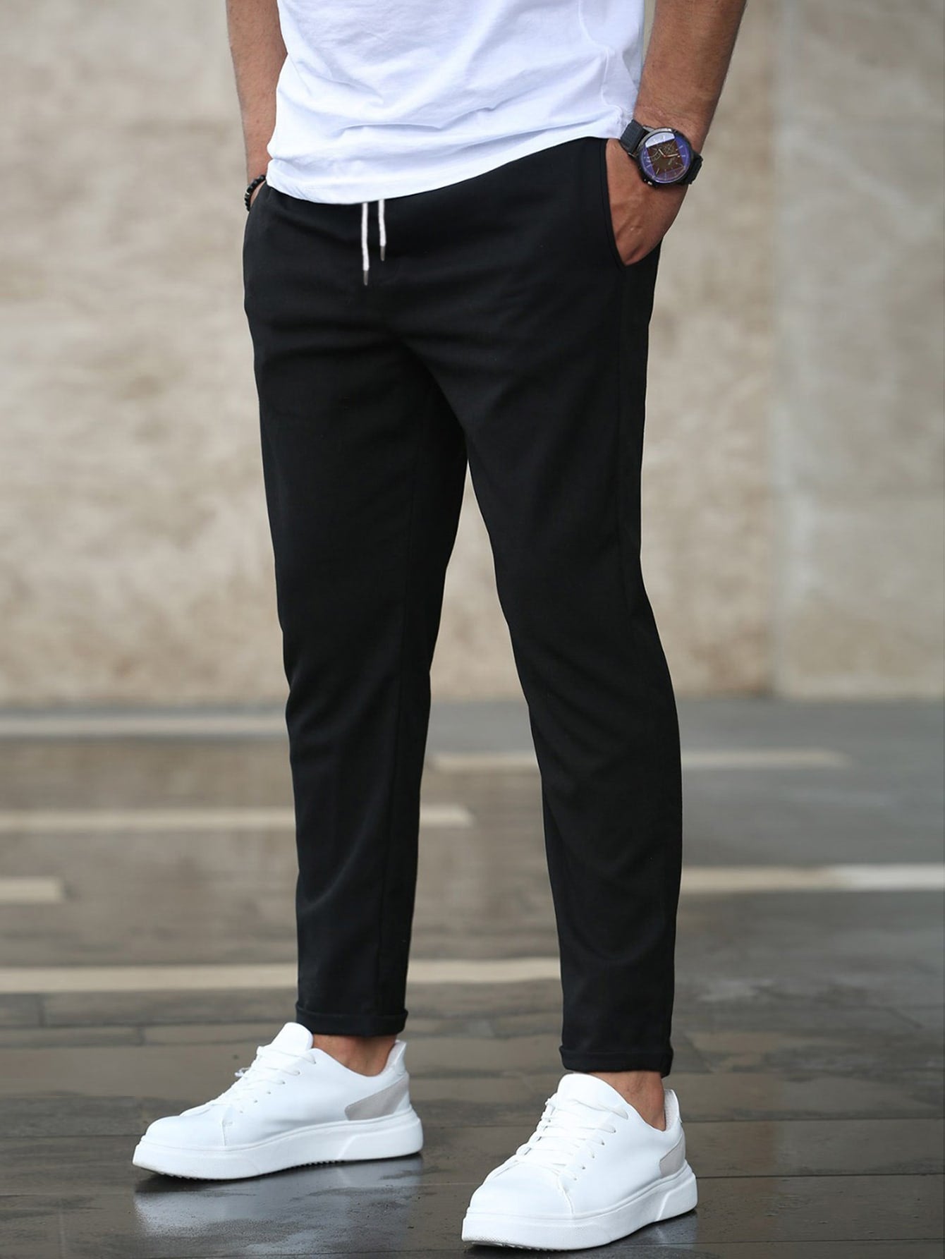 Men Slant Pocket Drawstring Waist Pants