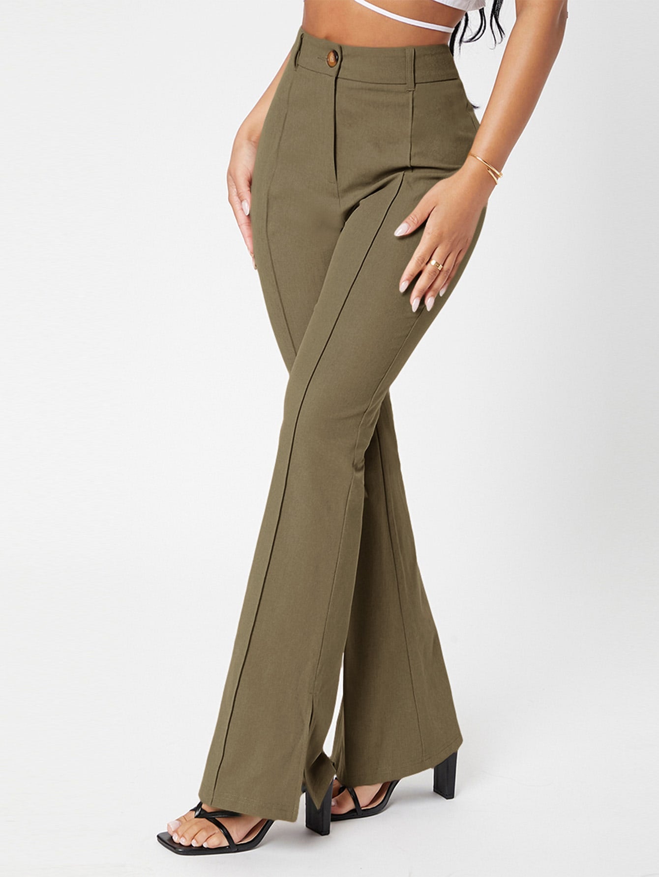 Zipper Fly Seam Front Split Hem Flare Leg Pants