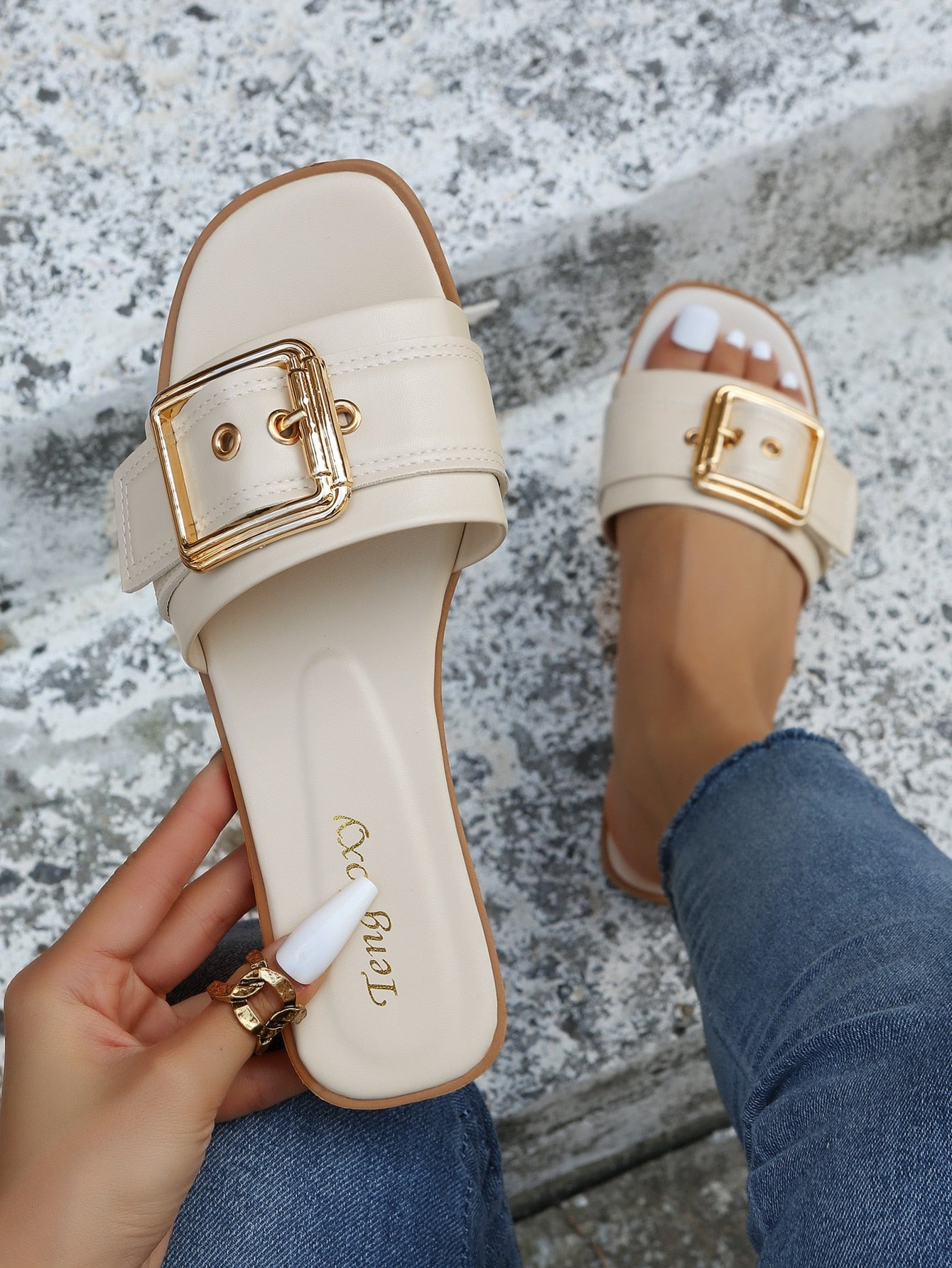 Women Buckle Decor Stitch Detail Slide Sandals, Elegant Beige Outdoor Flat Sandals