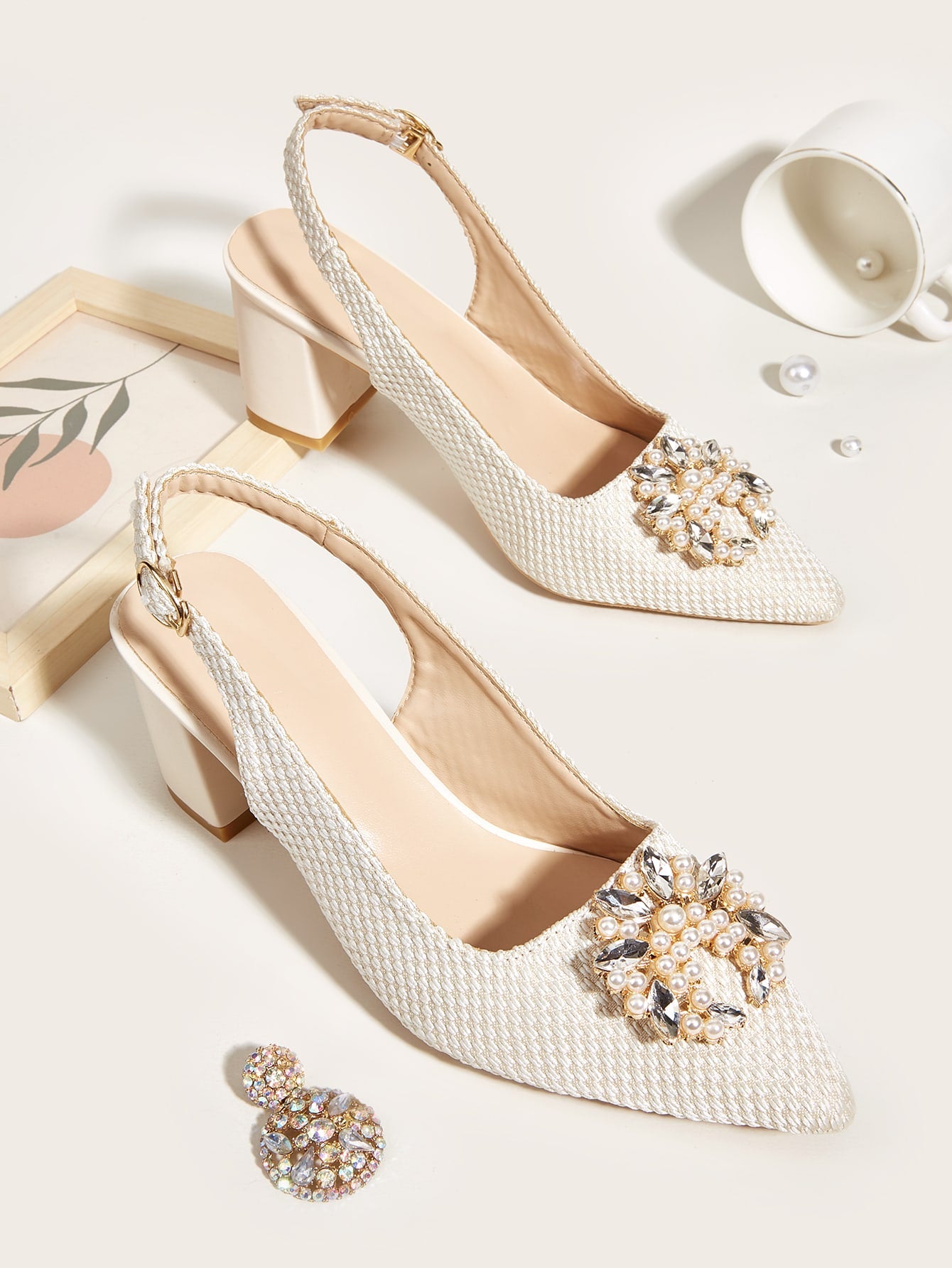 Rhinestone & Faux Pearl Decor Chunky Heeled Slingback Pumps