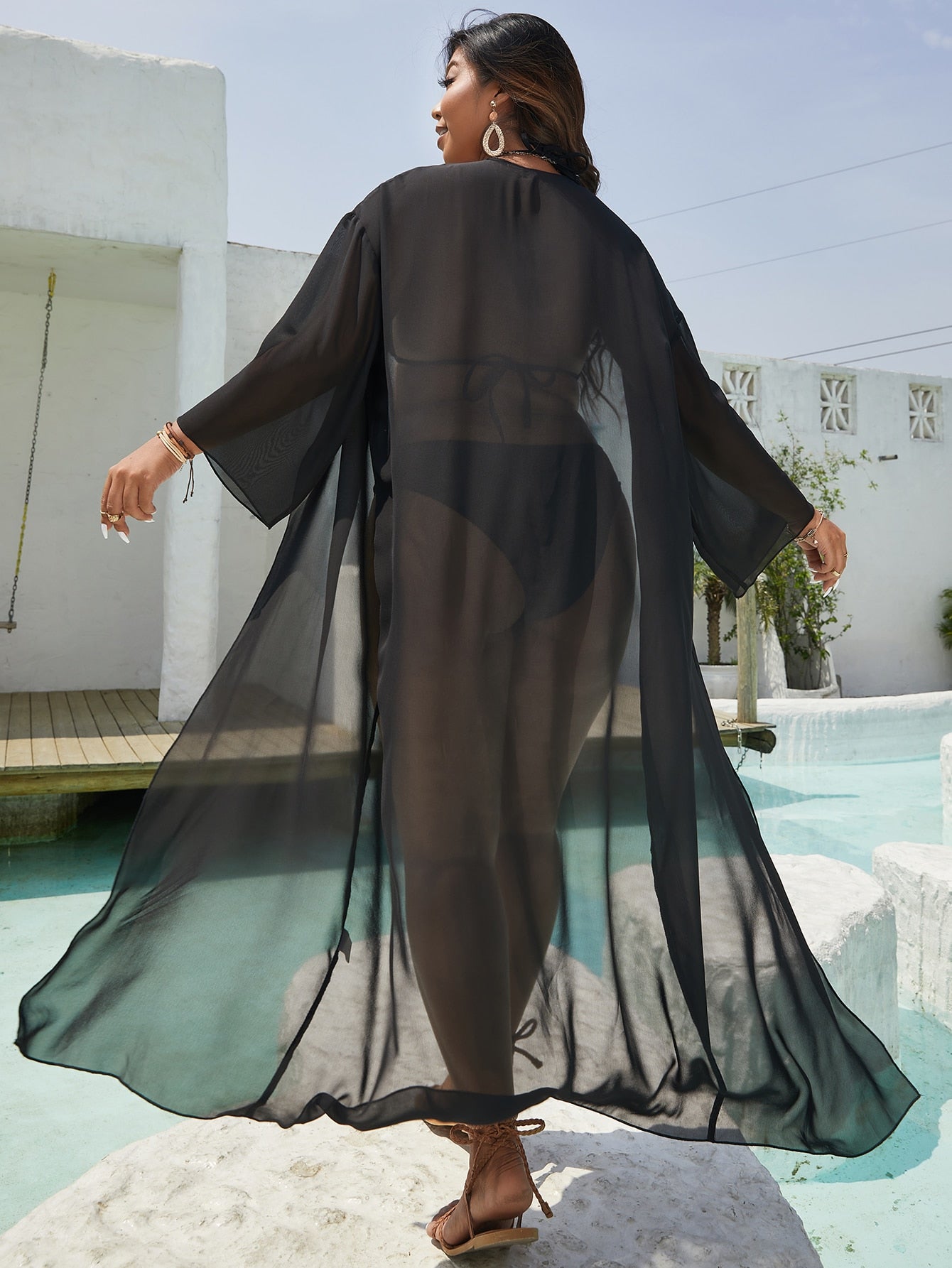 Summer Beach Plus Drop Shoulder Sheer Mesh Kimono