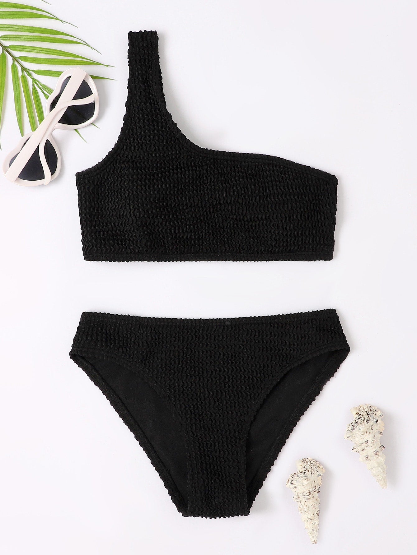 Tween Girl Plain One Shoulder Bikini Set Summer Beach