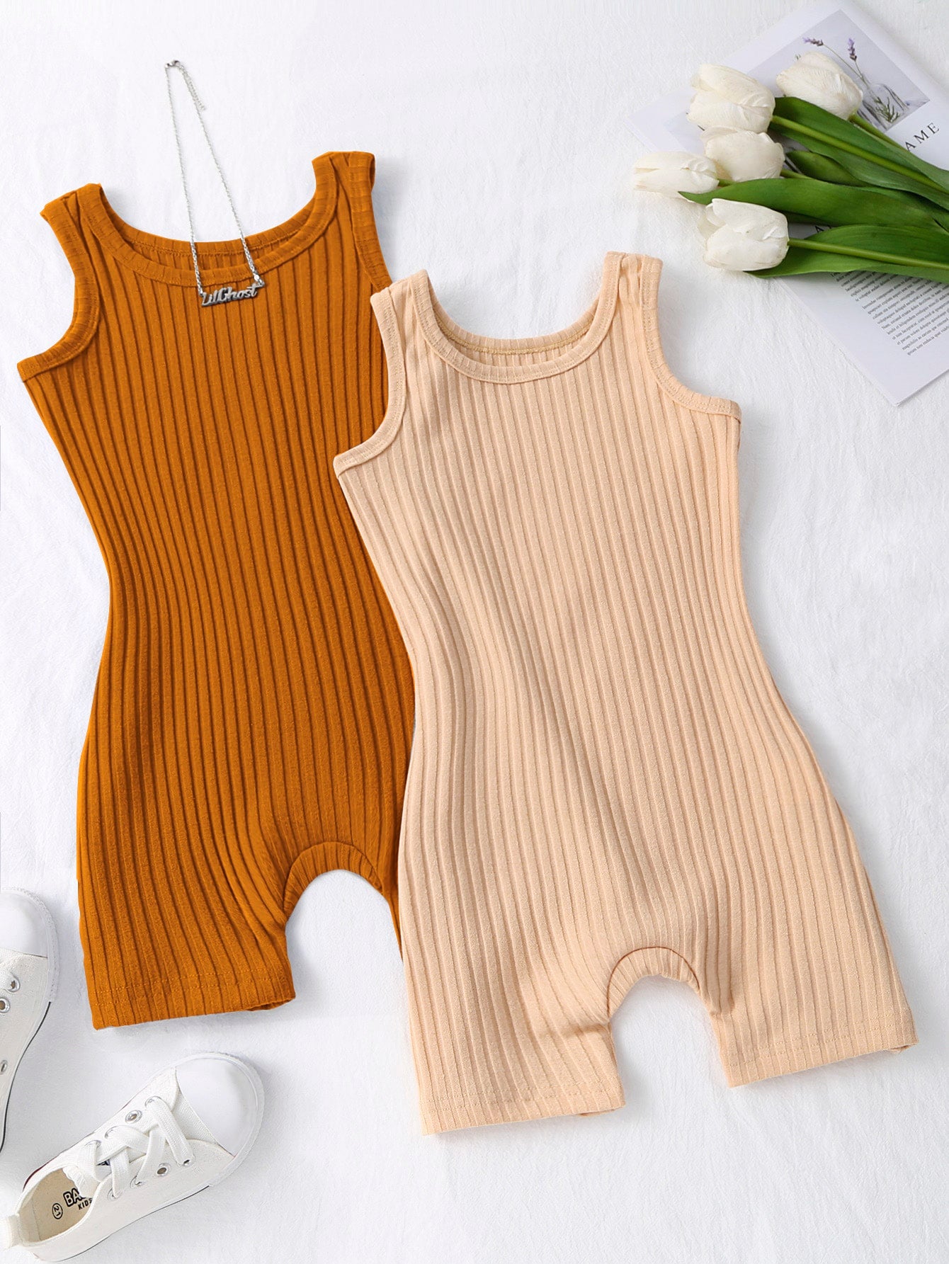 Young Girl 2pcs Ribbed Unitard Romper