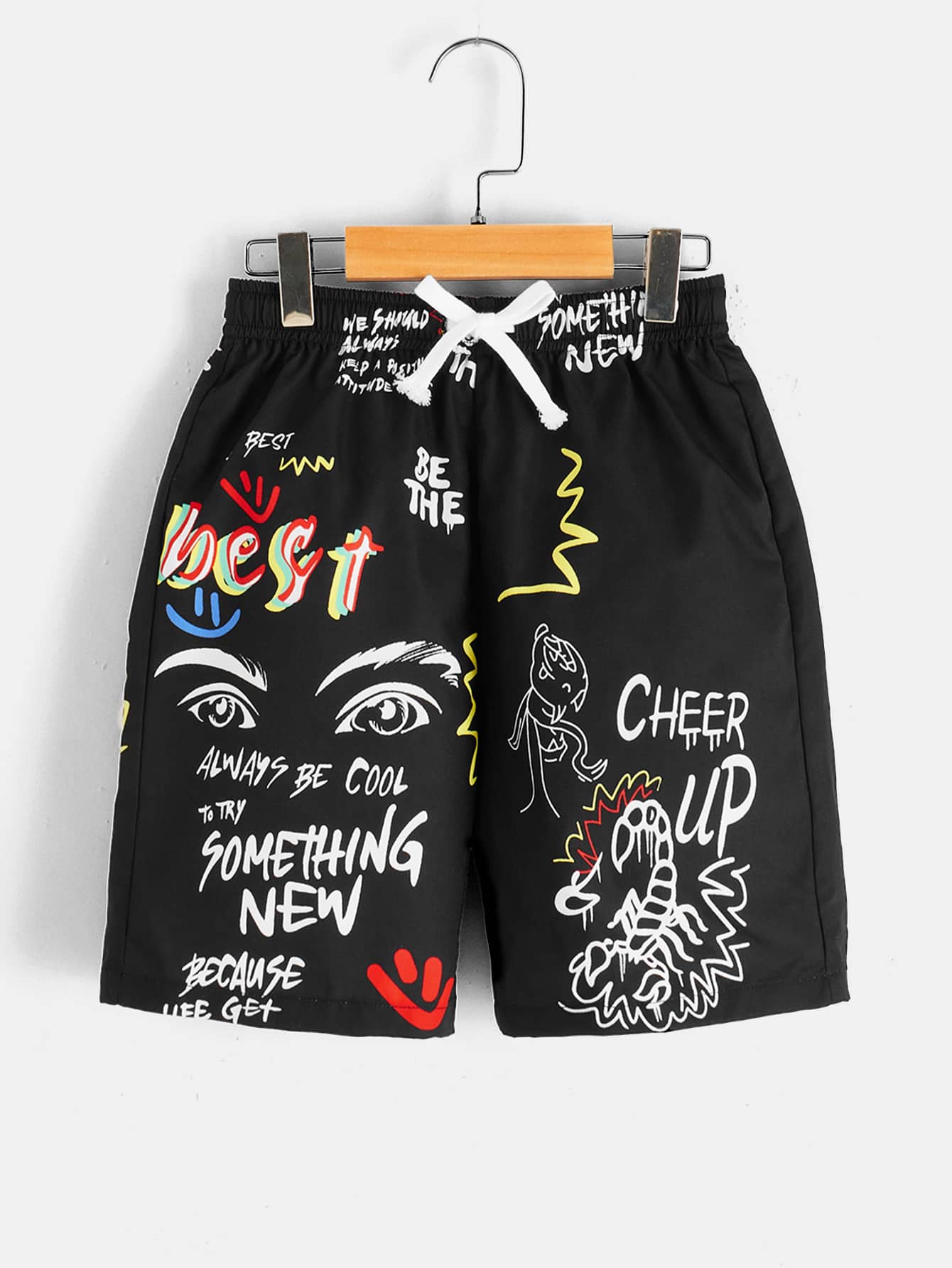 Tween Boys' Summer Casual Sports Slogan Printed Drawstring Waist Shorts