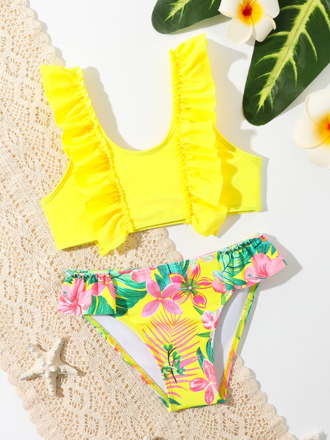 Young Girl Random Tropical Print Ruffle Trim Bikini Set Summer Beach