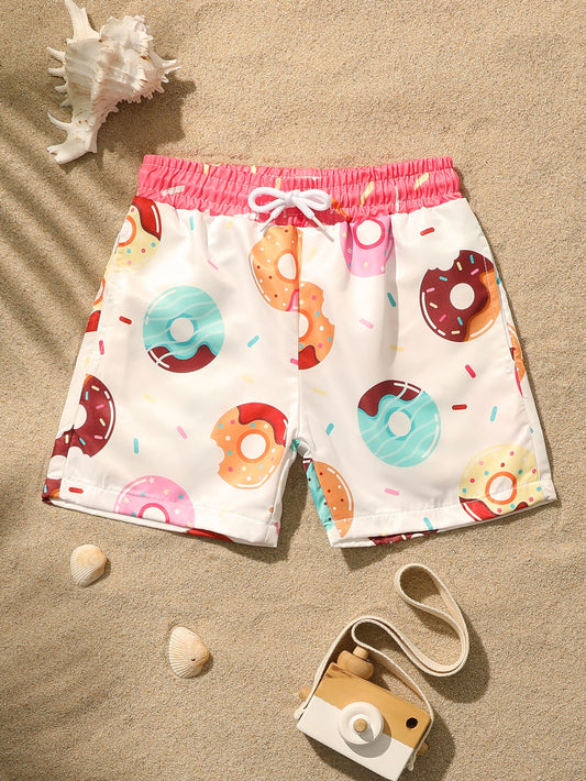 Young Boy 1pack Donuts Print Drawstring Waist Swim Shorts