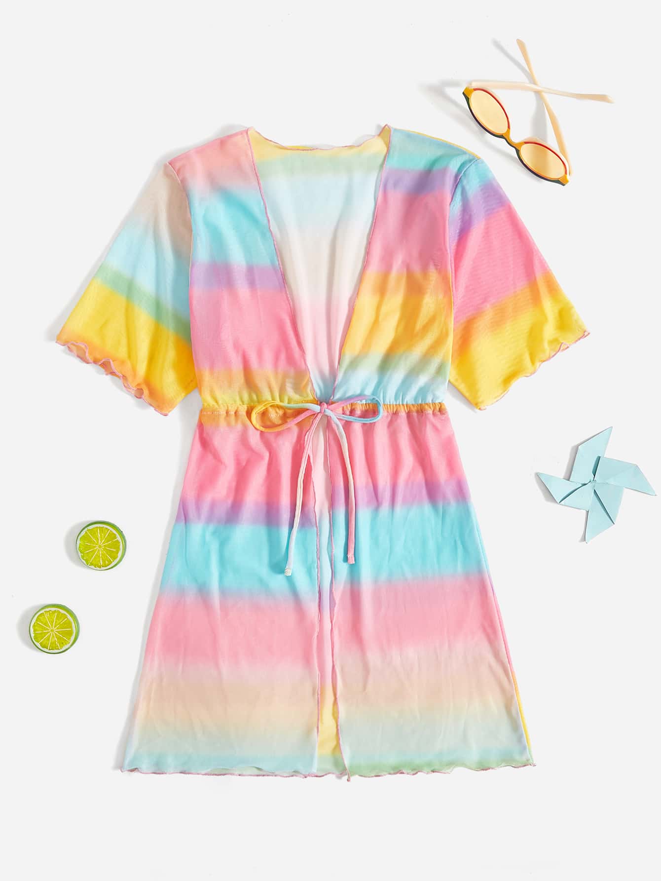 Tween Girl Ombre Print Drawstring Waist Kimono