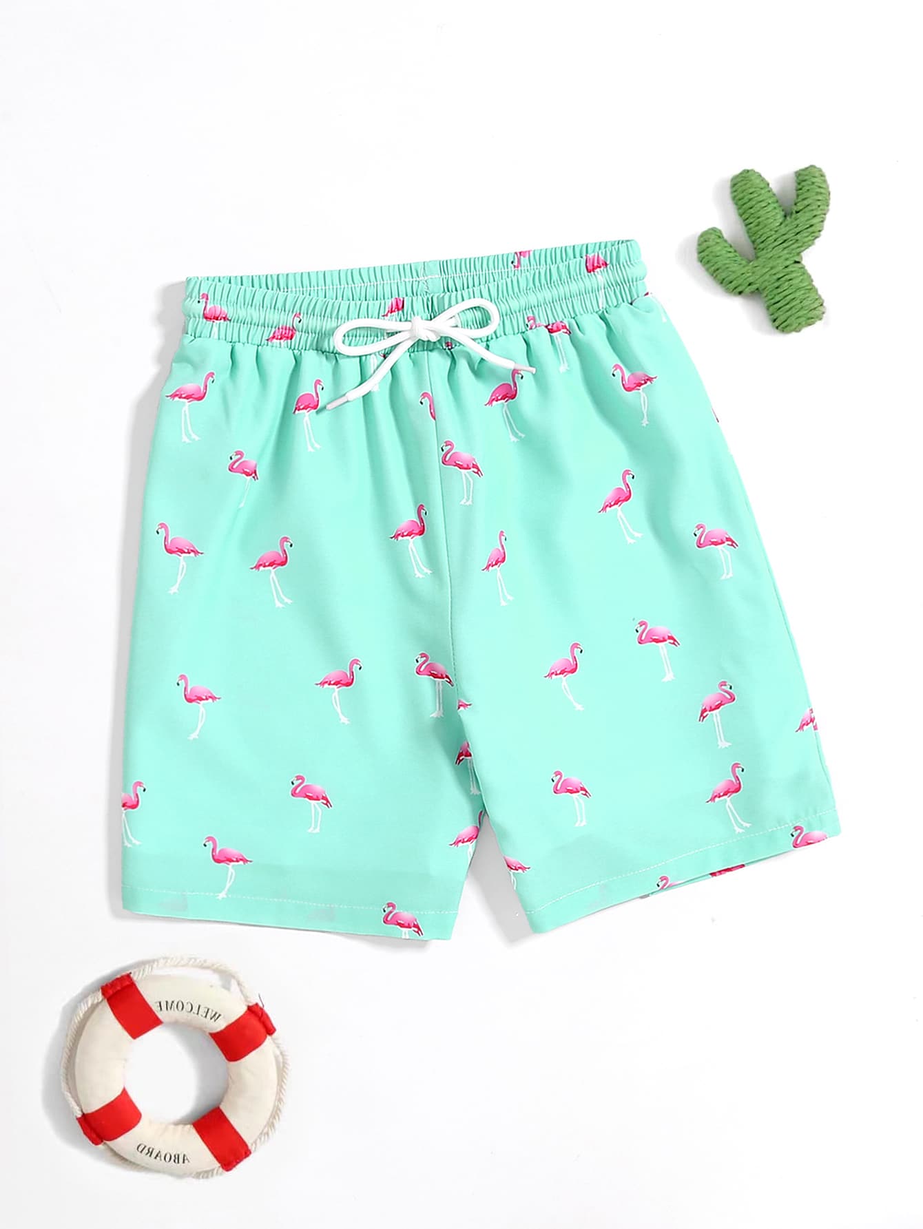 Tween Boy Flamingo Print Drawstring Waist Swim Trunks