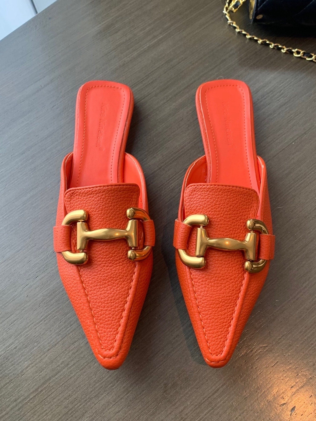 Women's Orange Avant-garde Solid Color Mules With Metal Decoration, Pointed Toe And Flat Mueller Shoes