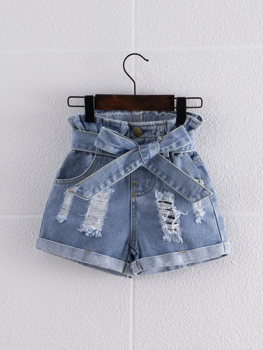 Young Girl Paperbag Waist Ripped Roll Hem Belted Denim Shorts